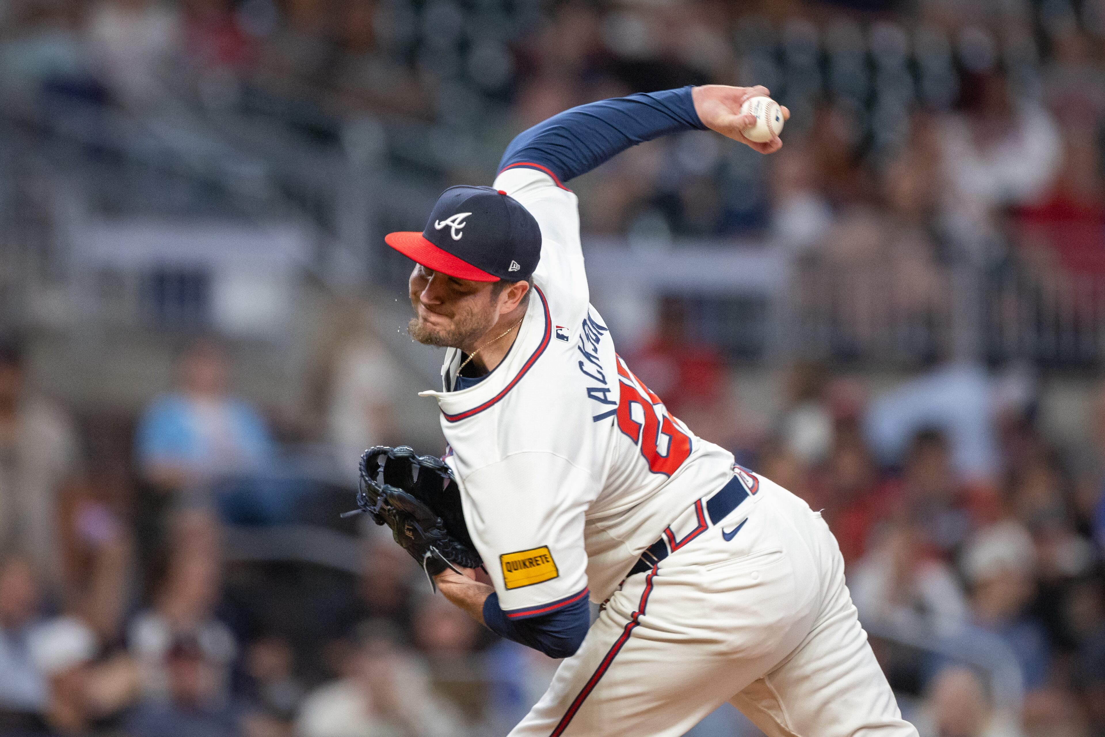 Atlanta Braves pitcher Luke Jackson (22) pitches in the seventh inning. (Arvin Temkar / AJC)