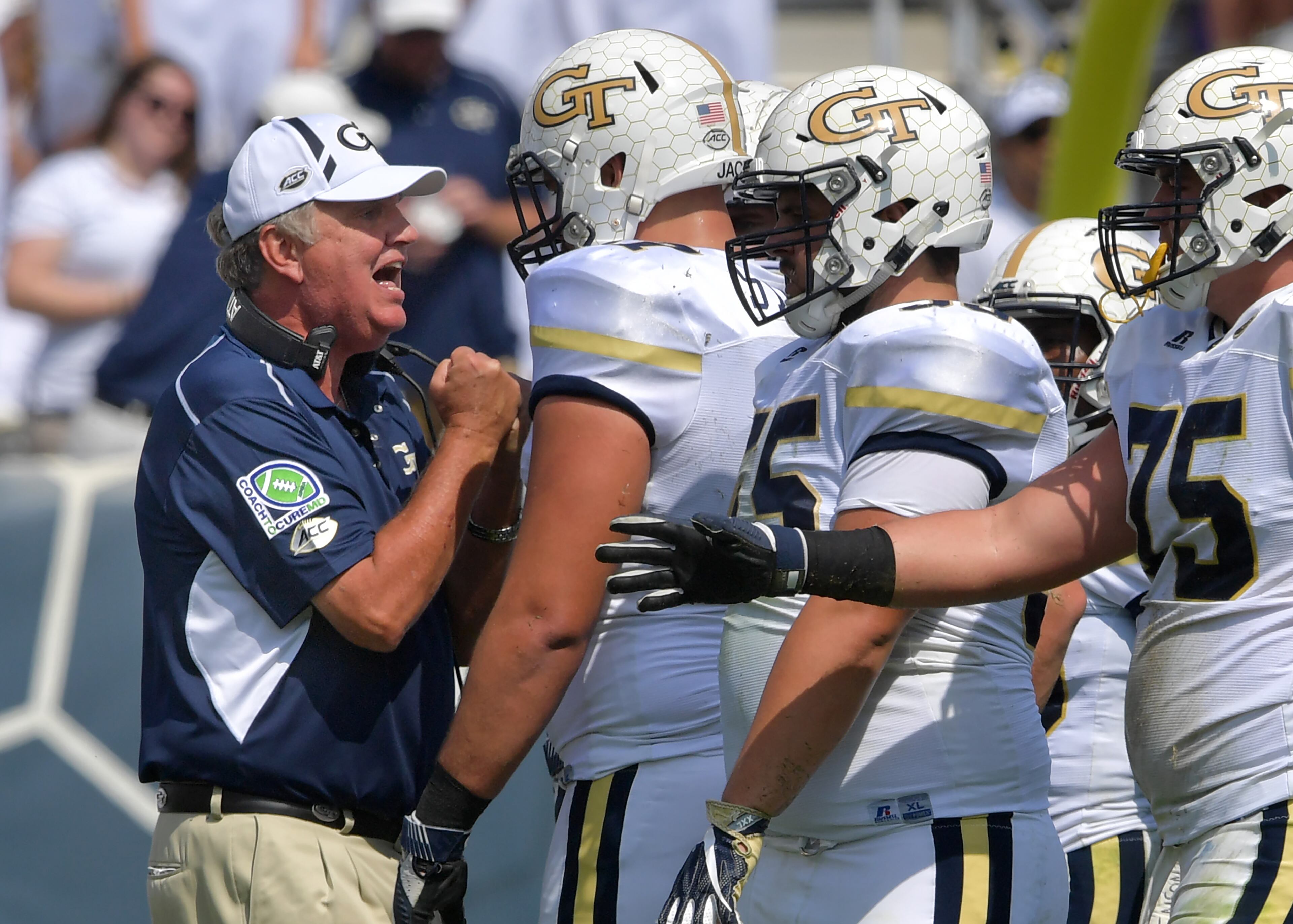 September 30, 2017 Atlanta - Georgia Tech head coach Paul Johnson instructs offensive lineman Jake Stickler (67) in the first half of an NCAA college football game against the North Carolina at Bobby Dodd Stadium on Saturday, September 30, 2017. HYOSUB SHIN / HSHIN@AJC.COM