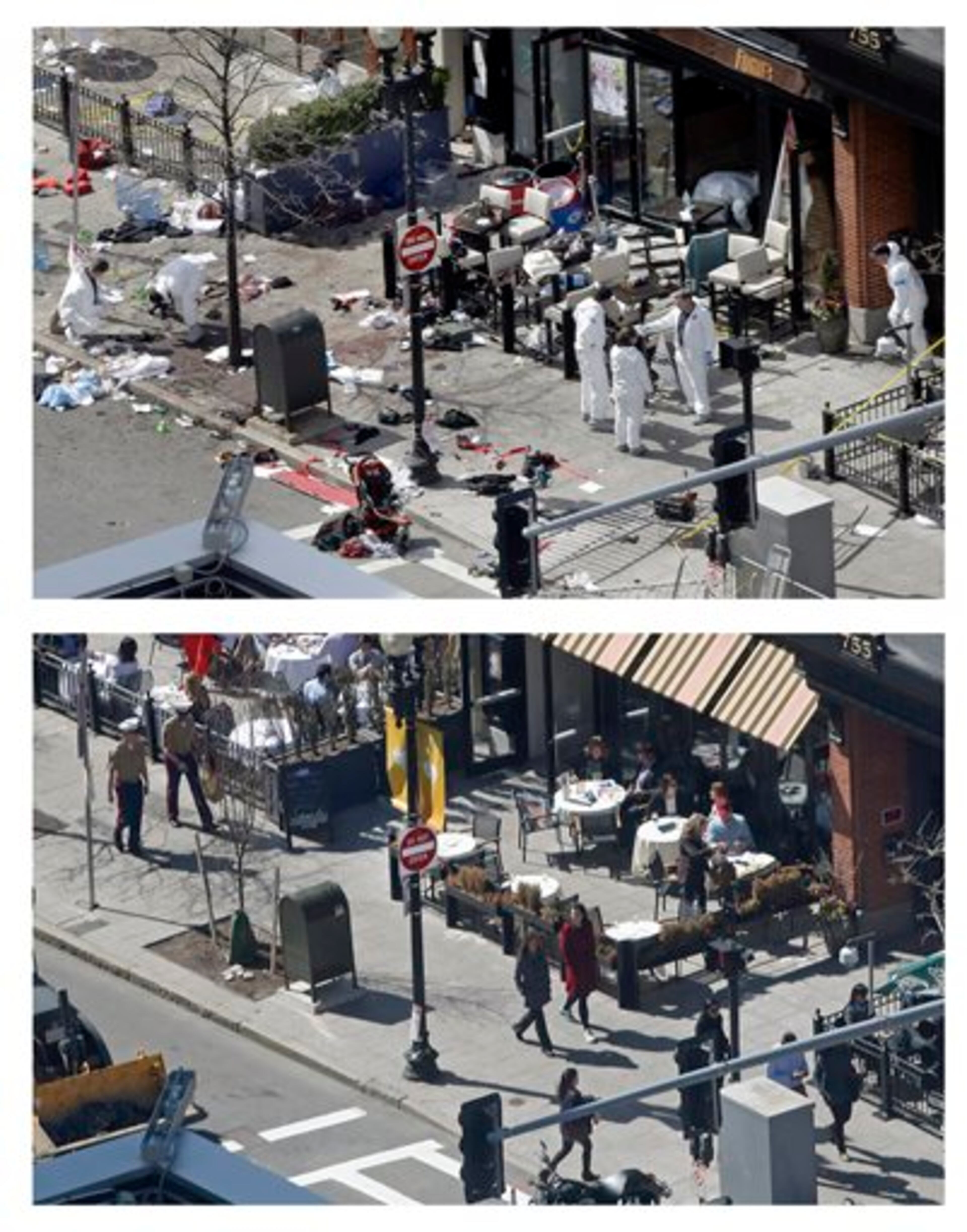 This combination of April 15, 2013 and April 10, 2014 photos show a view of Boylston Street in front of the Forum restaurant, where investigators comb for evidence at the site where the second of two bombs exploded near the finish line of the 2013 Boston Marathon, and pedestrians walking past the same spot almost a year later in Boston. (AP Photo/Elise Amendola)
