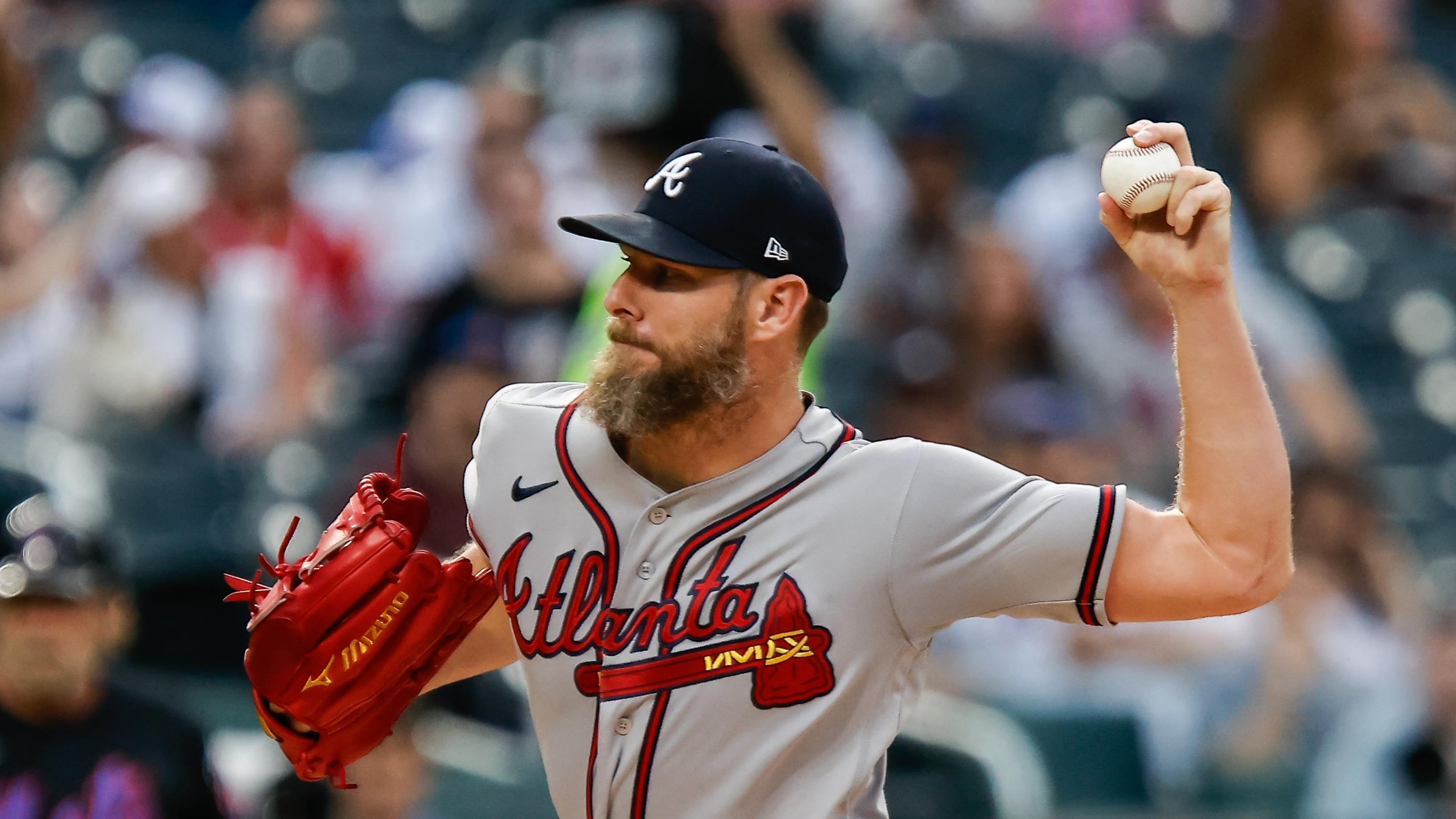 Atlanta Braves' Chris Sale pitches during the first inning of a baseball game against the New York Mets Wednesday, July 29, 2026, in New York (AP Photo/Eduardo Munoz Alvarez)