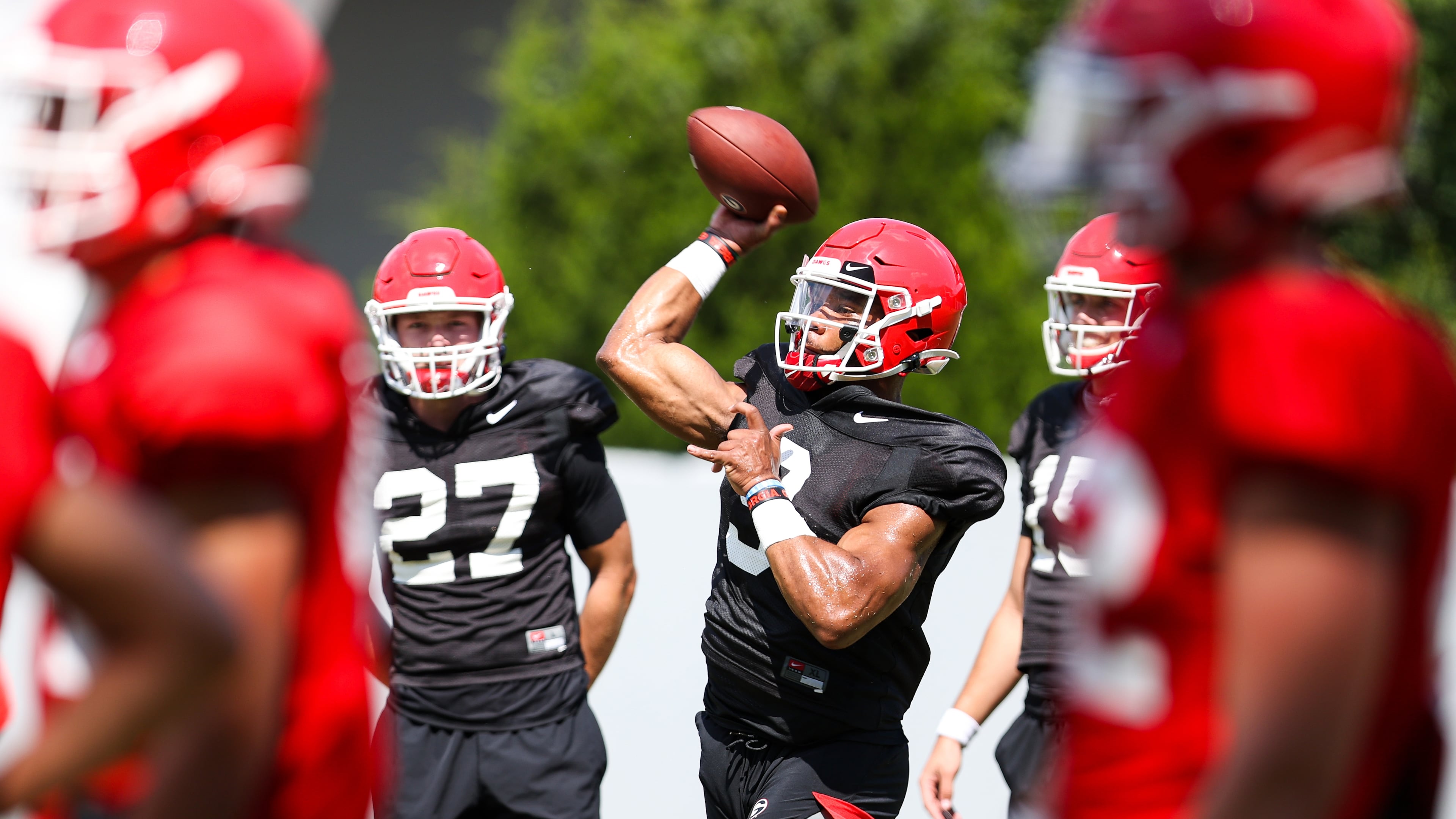 Georgia quarterback Jamie Newman (9) during the Bulldogs’ practice session Wednesday, Aug. 19, 2020, in Athens. Newman, a graduate transfer, opted out of the season. (Photo by Tony Walsh)