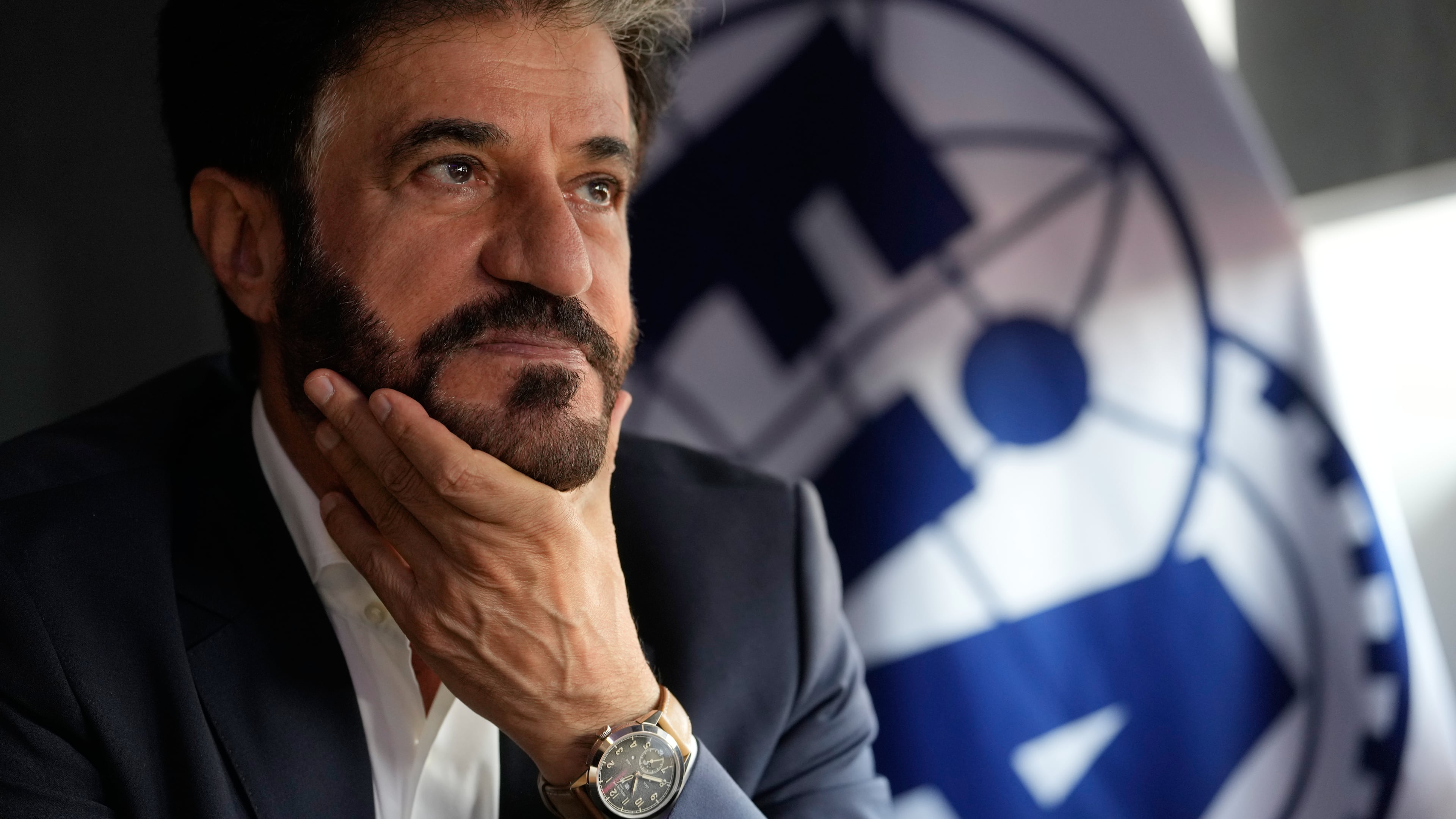 FIA President Mohammed Ben Sulayem talks with the Associated Press during an interview prior to the start of Italy's Formula One Grand Prix, at the Monza racetrack, Italy, Sunday Sept. 6, 2026. (AP Photo/Luca Bruno)