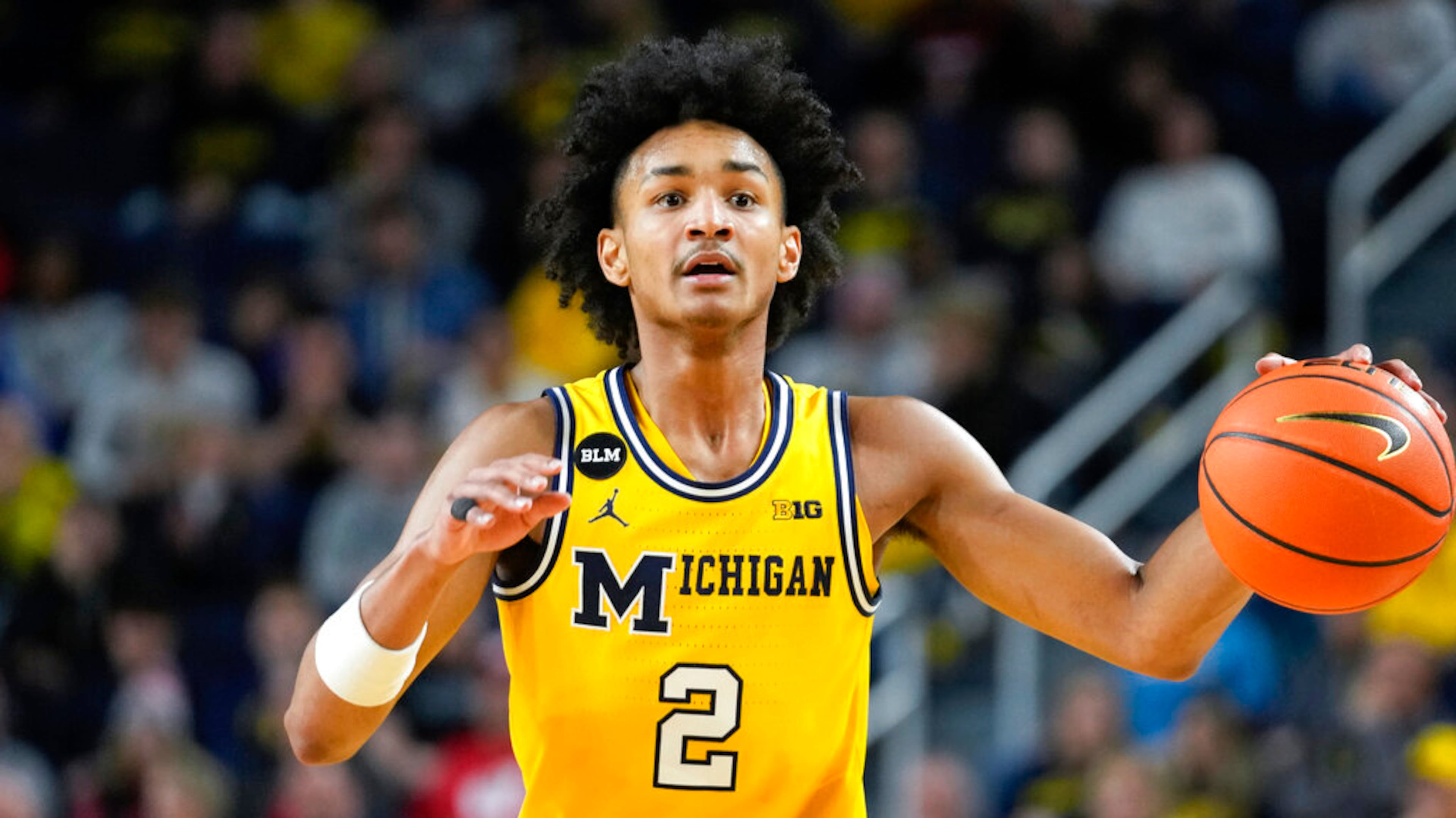 Michigan guard Kobe Bufkin (2) plays against Wisconsin in the second half of an NCAA college basketball game in Ann Arbor, Mich., Sunday, Feb. 26, 2023. (AP Photo/Paul Sancya)