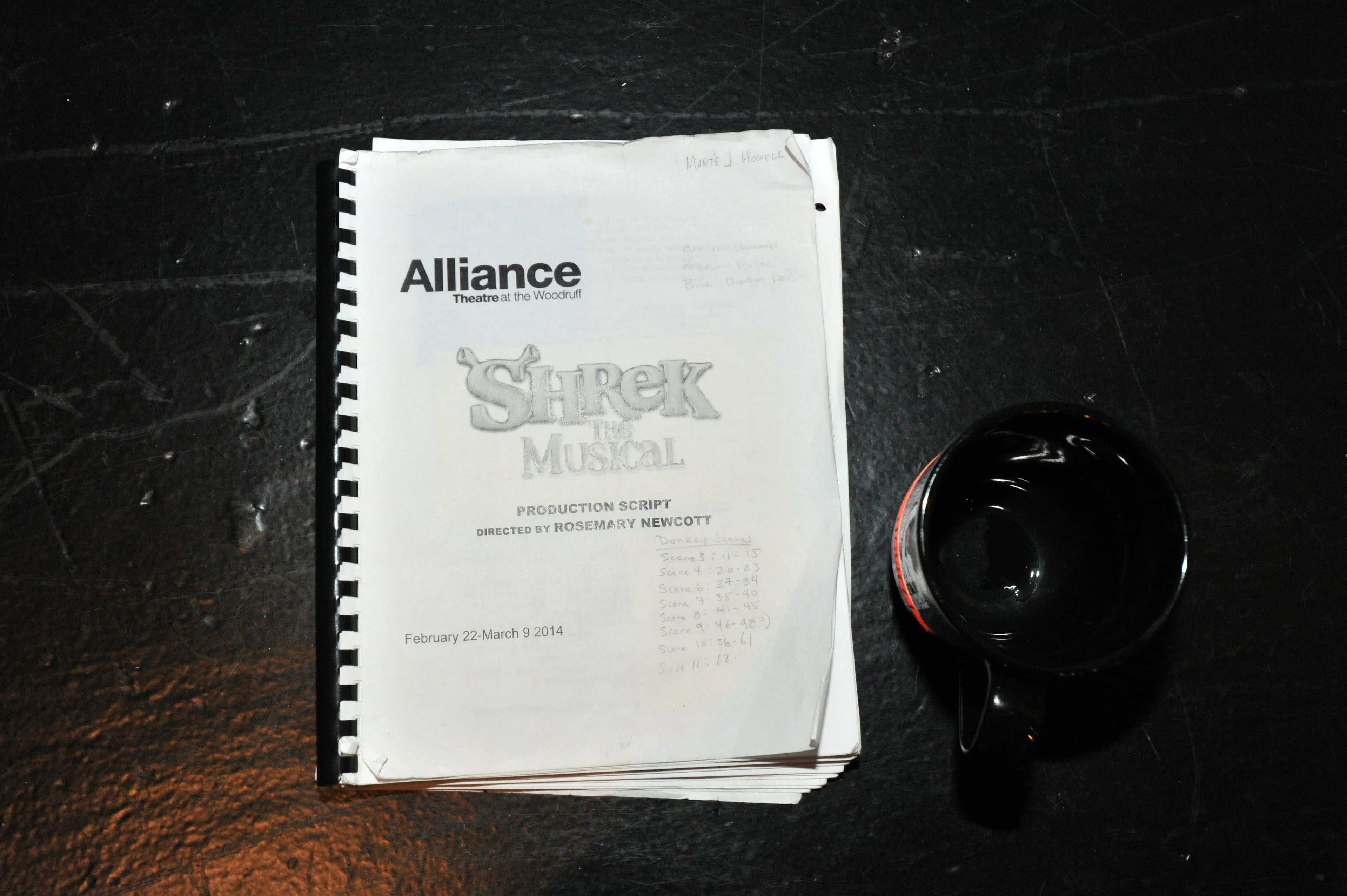 A production script during a rehearsal of "Shrek the Musical" at Alliance Theatre. The Alliance Theatre will present "Shrek the Musical," based on the Dreamworks film character and William Steig's 1990s book, Feb. 22 through March 16, 2014, as part of its Alliance Stage Family Series. Rosemary Newcott, the Sally G. Tomlinson Artistic Director of Theatre for Youth and Families, directs this enchanting production, which ran for 12 months on Broadway and is now adapted to a family-friendly one-act experience. HYOSUB SHIN / HSHIN@AJC.COM