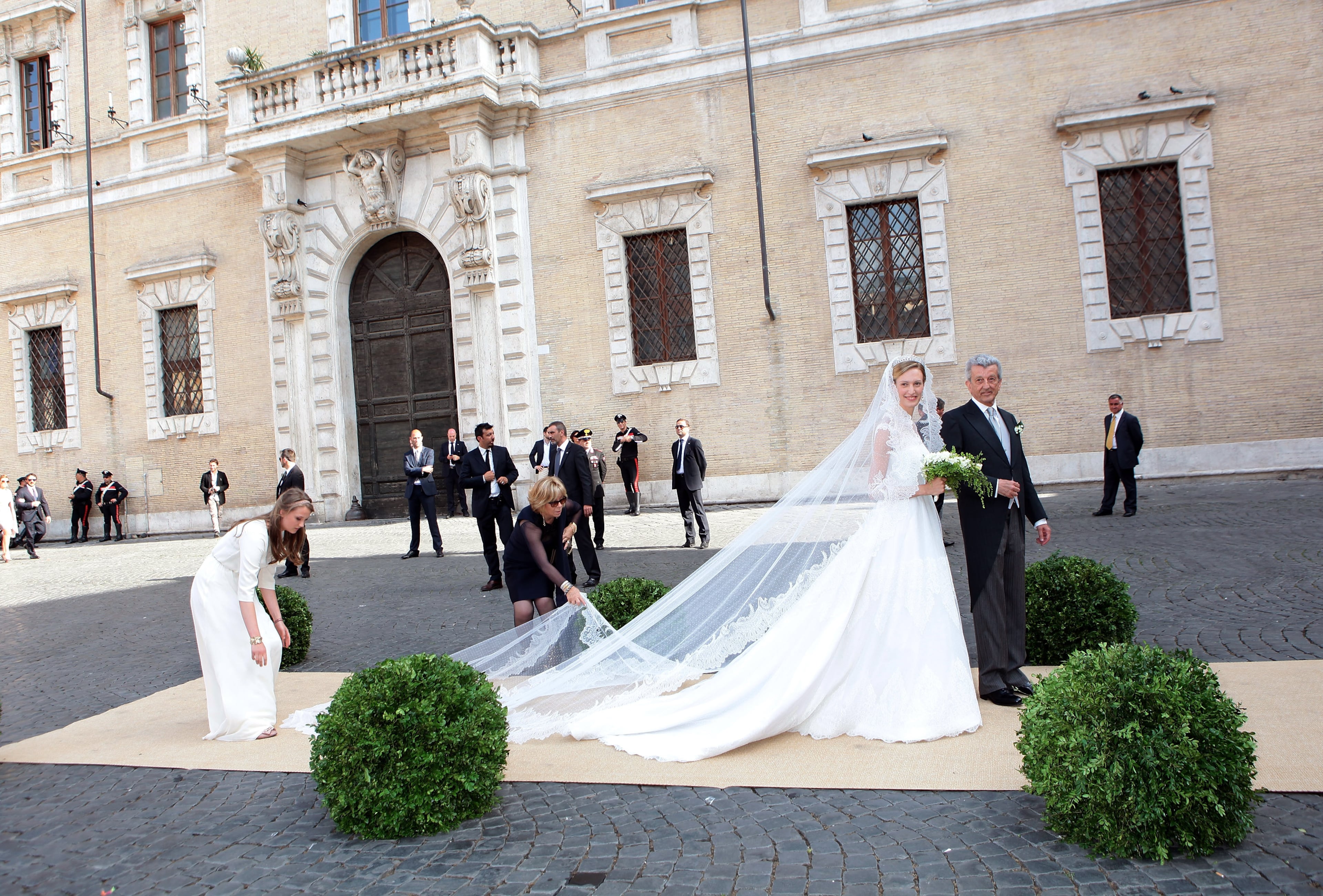 ROME, ITALY - JULY 05: Elisabetta Maria Rosboch von Wolkenstein and her father Ettore Rosboch von Wolkenstein arrive for her wedding to Prince Amedeo of Belgium at Basilica Santa Maria in Trastevere on July 5, 2014 in Rome, Italy. (Photo by Elisabetta Villa/Getty Images)
