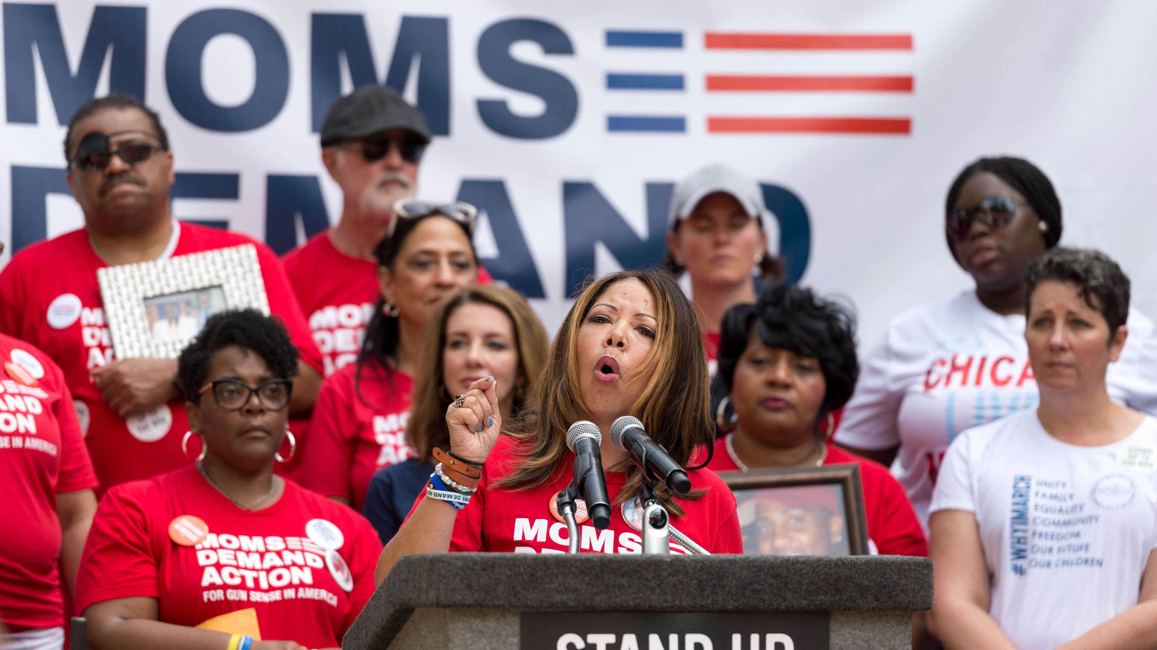 Lucy McBath, then a spokesperson for Moms Demand Action for Gun Sense in America, speaks during a rally in Atlanta on April 29, 2017. (DAVID BARNES / DAVID.BARNES@AJC.COM)