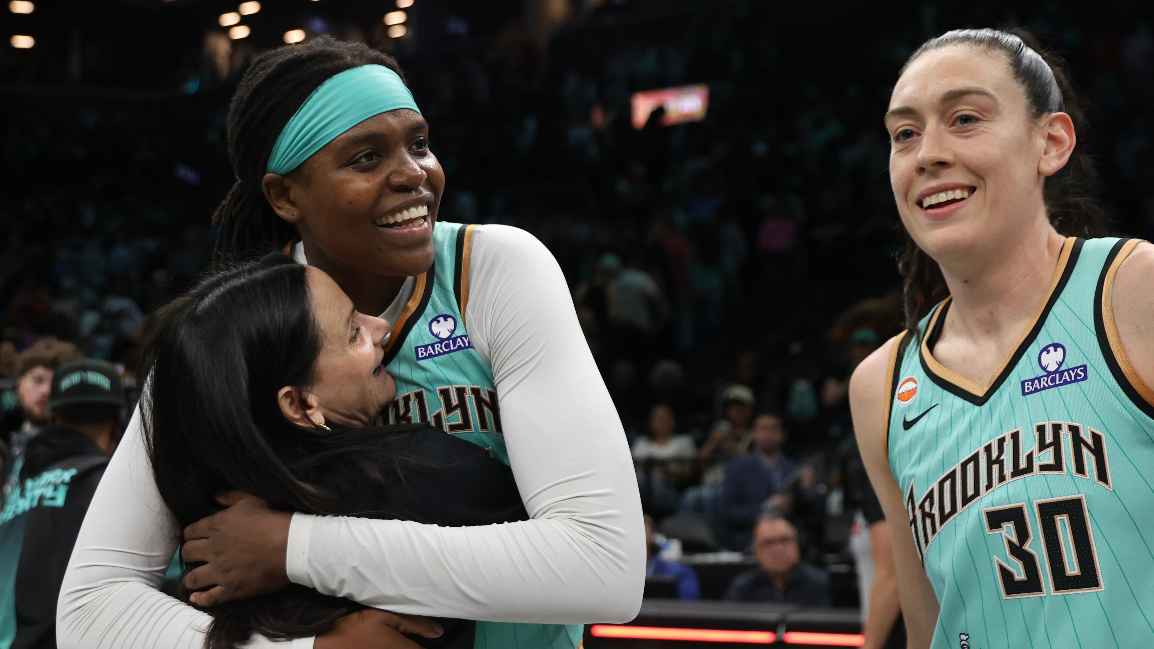 Toronto Tempo head coach Sandy Brondello hugs New York Liberty center Jonquel Jones after a WNBA basketball game, Wednesday, June 3, 2026, in New York. (AP Photo/Heather Khalifa)