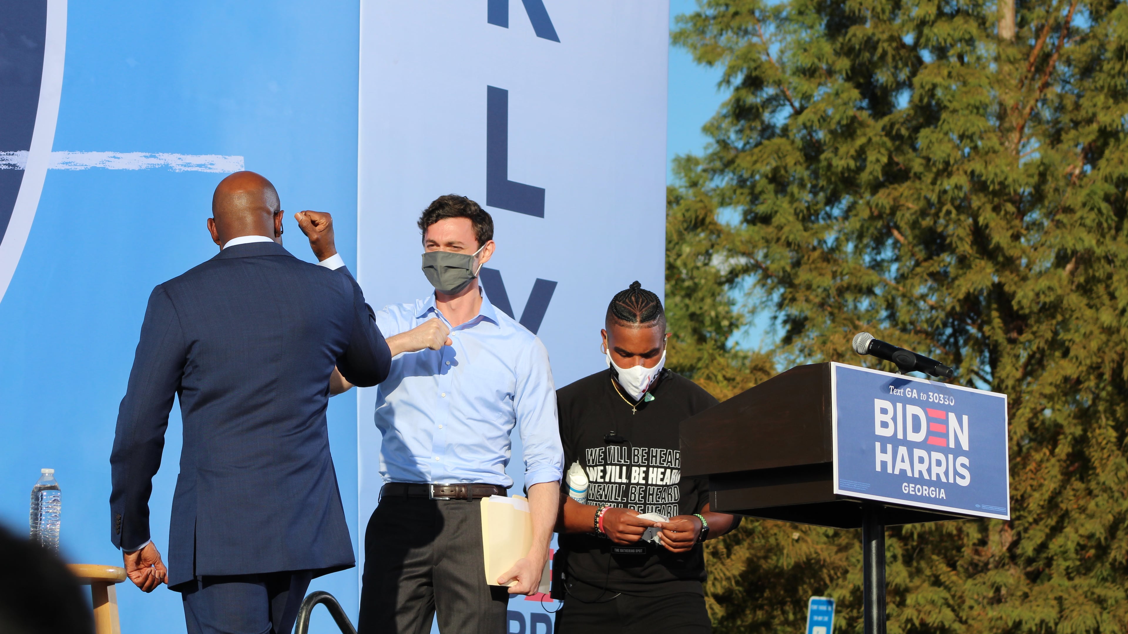 Georgia Democratic U.S. Senate candidate the Rev. Raphael Warnock bumping elbows with Democratic U.S. Senate candidate Jon Ossoff on Friday, October 23, 2020. Contributed by Derrian Carter