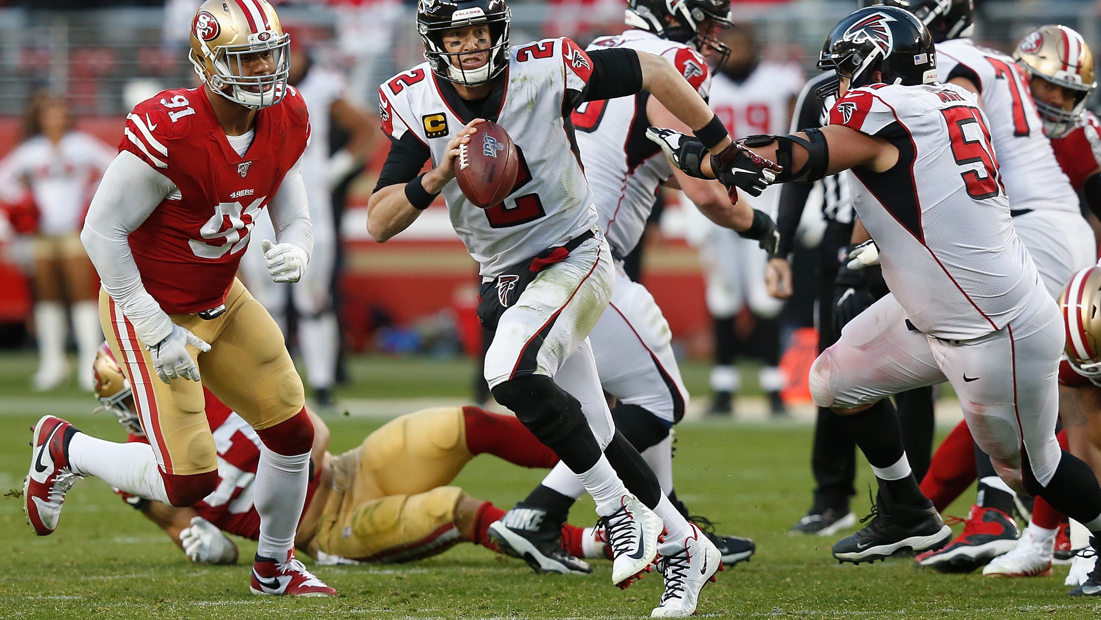 Falcons quarterback Matt Ryan scrambles with the football in the fourth quarter Sunday, Dec. 15, 2019, at Levi's Stadium in Santa Clara, Calif.