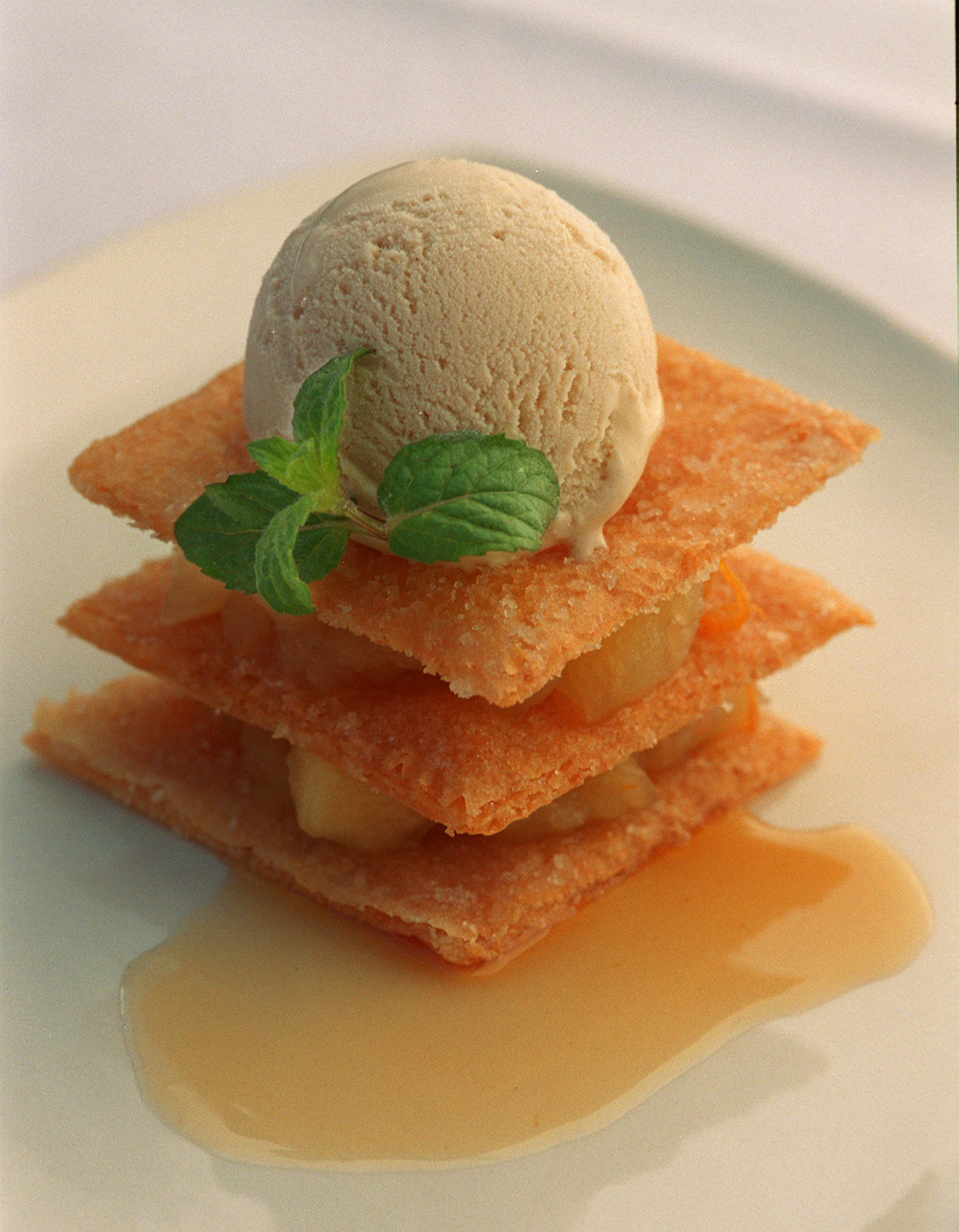 Apple napoleon with cinnamon ice cream at Bacchanalia Restaurant in Buckhead in 19999.