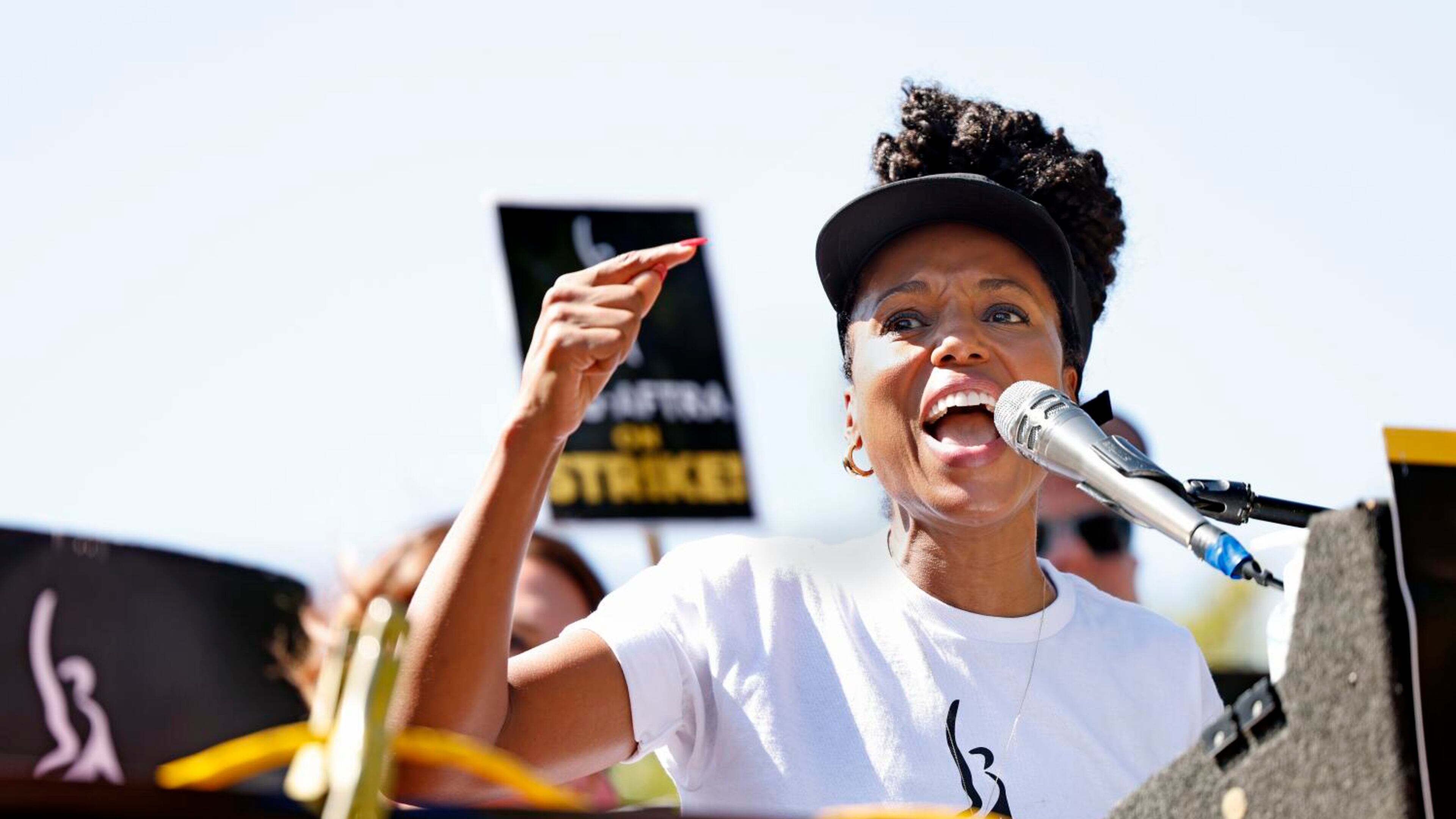 Kerry Washington speaks as SAG-AFTRA and WGA join forces with the AFL-CIO and its affiliates from across the nation and across industries for a national day of solidarity rally outside of Disney Studios in Burbank, California, on Aug. 22, 2023. (Christina House/Los Angeles Times/TNS)