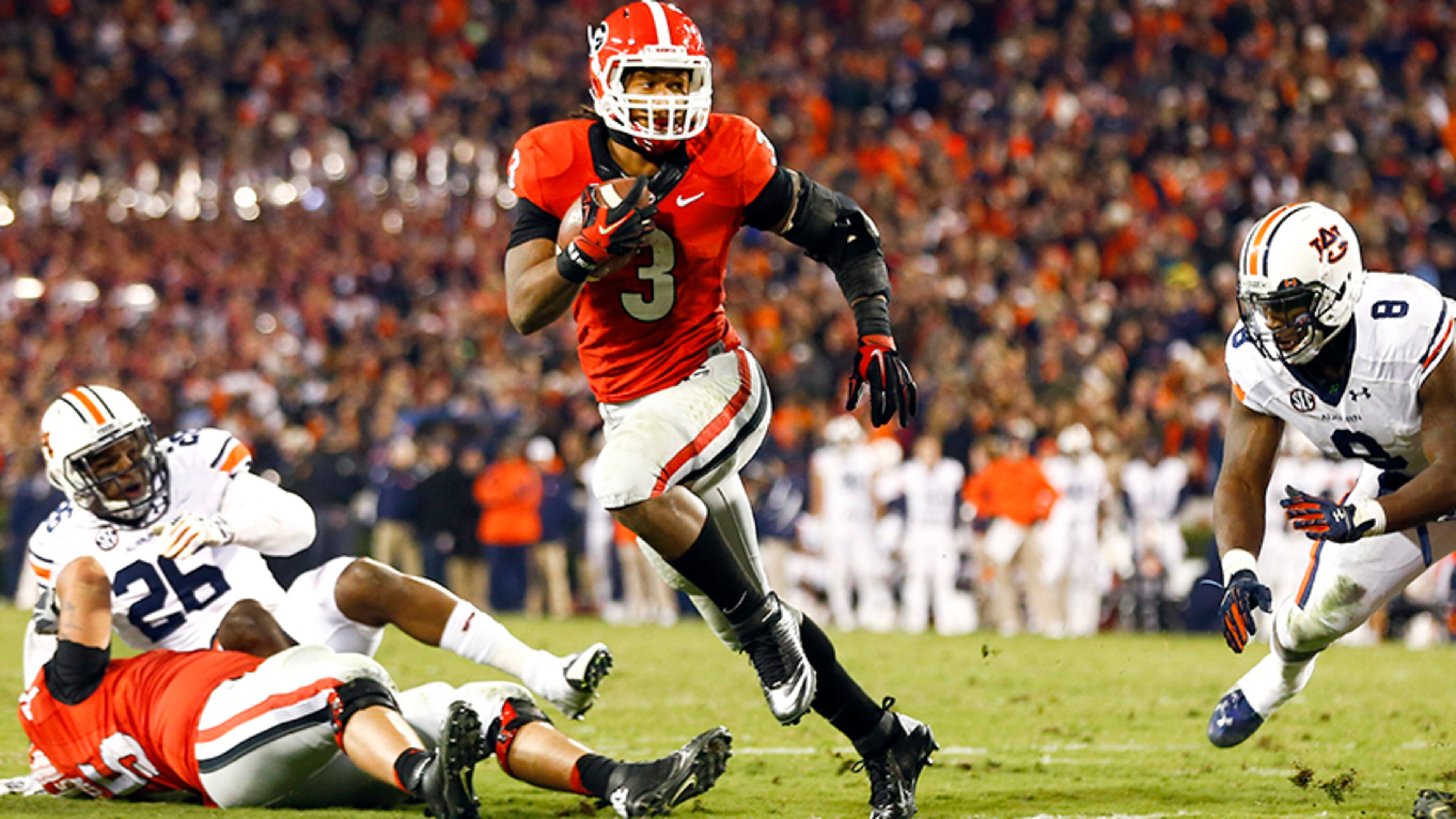Georgia running back Todd Gurley returned from a four-game suspension to play Auburn. He had rushed for 138 yards on 29 carries and a touchdown when he suffered an ACL tear in his left knee.