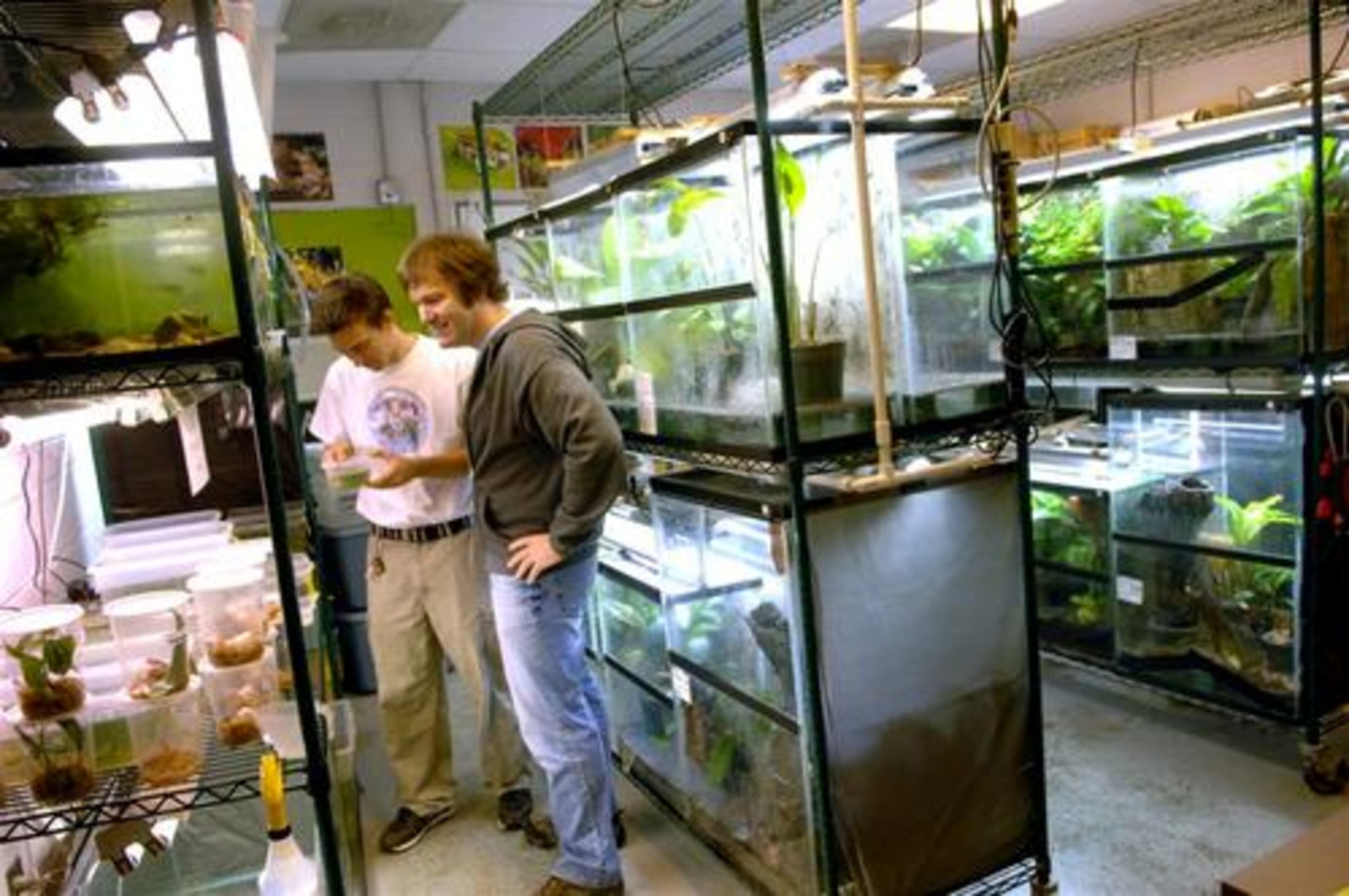 Robert Hill, a amphibian specialist, and Ron Gagliardo, curator of tropical conditions at the Atlanta Botanical Garden, in their 'office' at the Botanical Garden.