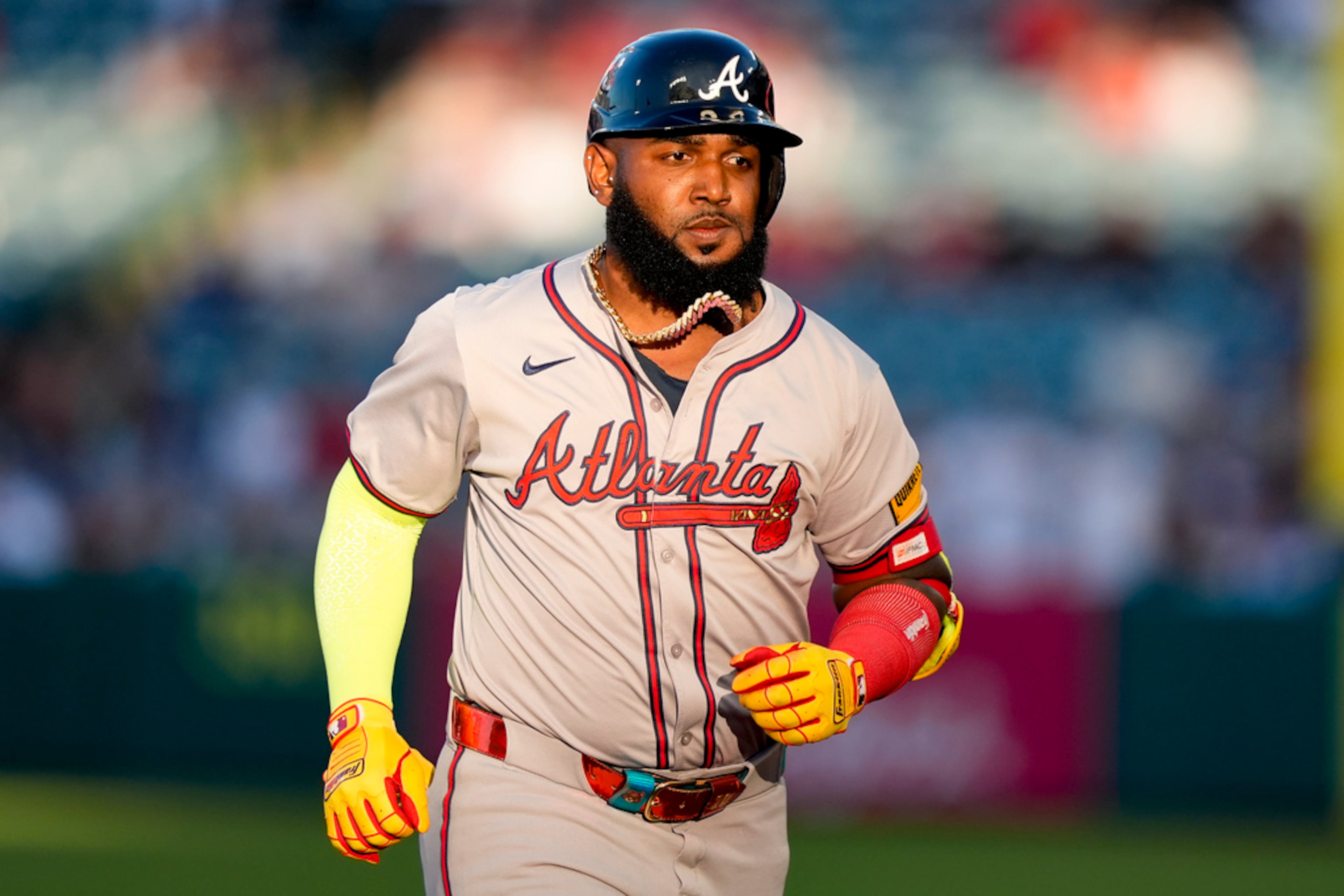 Atlanta Braves designated hitter Marcell Ozuna runs the bases after hitting a three-run home run during the first inning of a baseball game against the Los Angeles Angels, Saturday, Aug. 17, 2024, in Anaheim, Calif. (AP Photo/Ryan Sun)