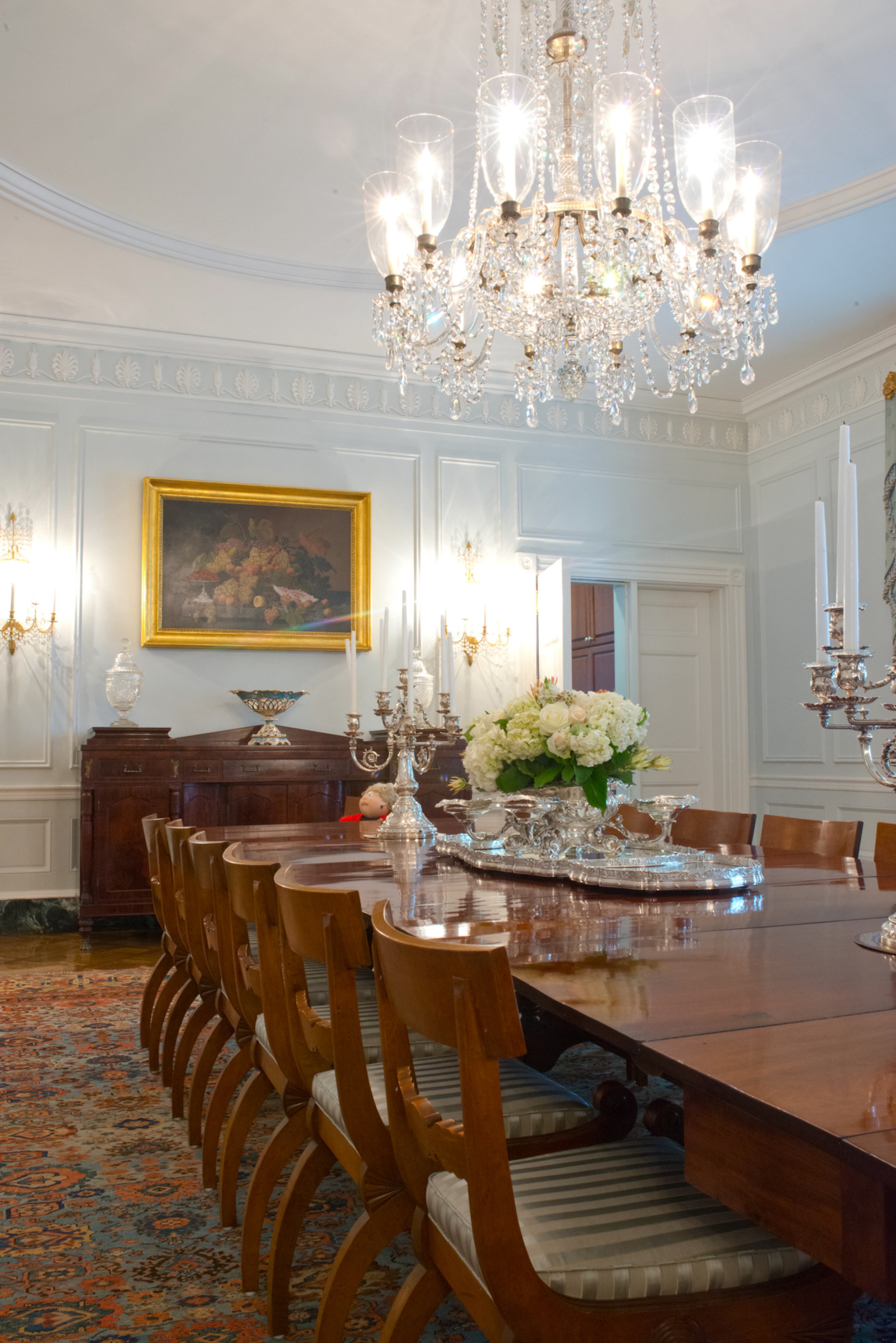 The Deals typically entertain in the dining room once or twice a week. The mahogany dining table can seat 18.