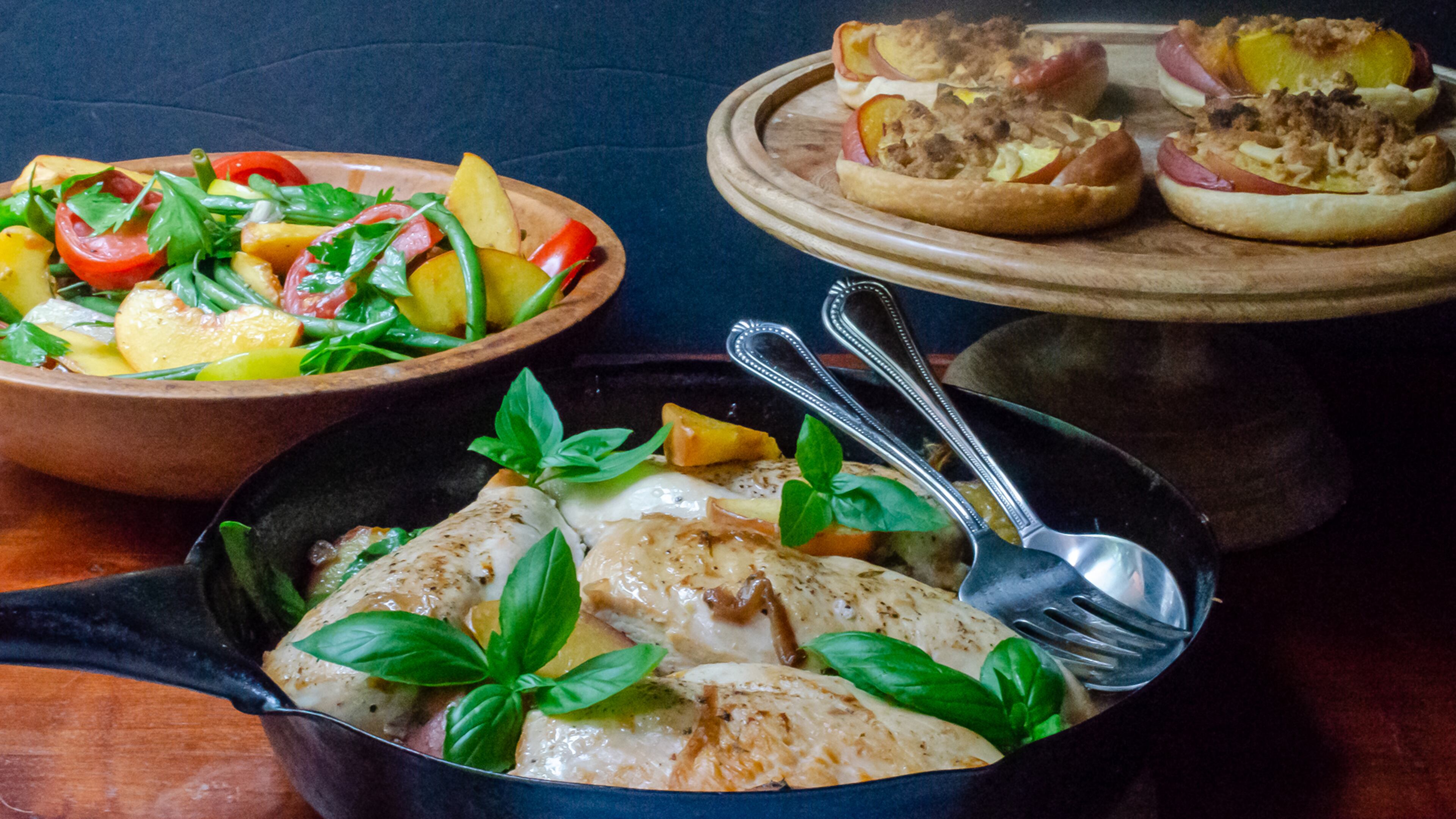 Let peaches infuse your meal with summertime flavor with these recipes: Green Beans, Peaches and Tomato Salad (left); Baked Chicken with Peaches and Basil (center); and Peach Tartlets with Make-Ahead Nut Crumble (right). (Virginia Willis for The Atlanta Journal-Constitution)
