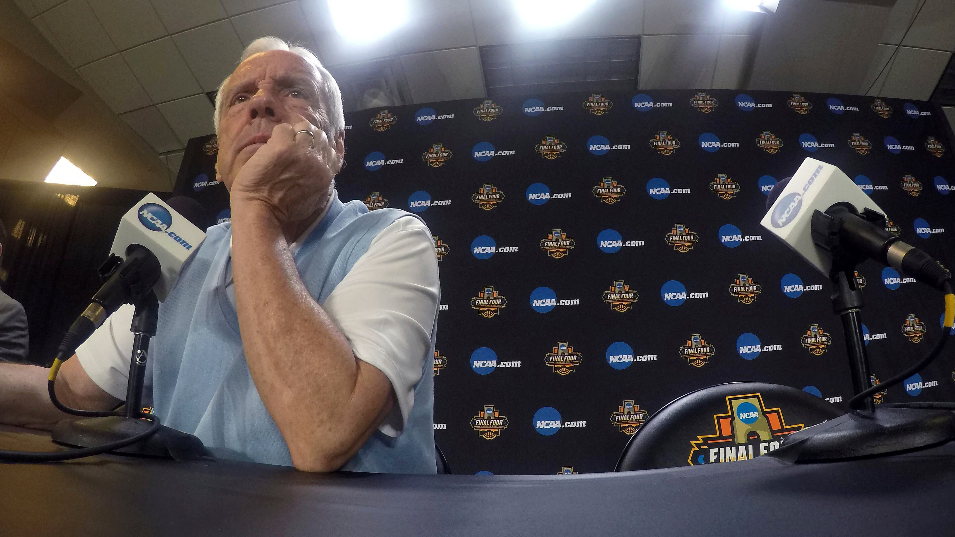 North Carolina head coach Roy Williams listens during a news conference for the Final Four NCAA college basketball tournament, Sunday, April 2, 2017, in Glendale, Ariz. (AP Photo/Tim Donnelly)