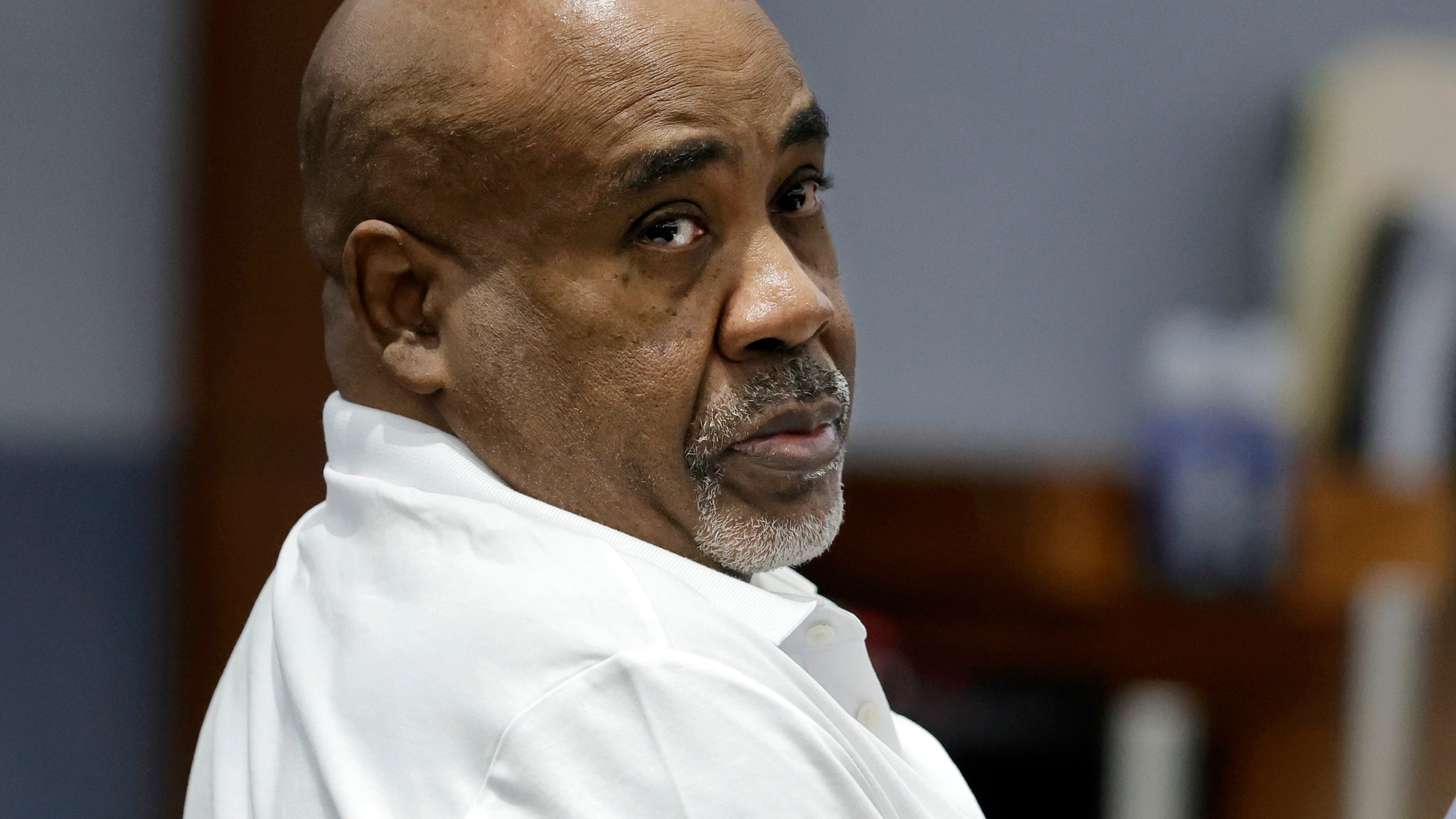 Duane Davis appears in court during the third day of jury selection in his murder trial, related to the 1996 killing of rapper Tupac Shakur, at Clark County District Court Regional Justice Center on Wednesday, Aug. 12, 2026, in Las Vegas. (Steve Marcus/Las Vegas Sun via AP, Pool)
