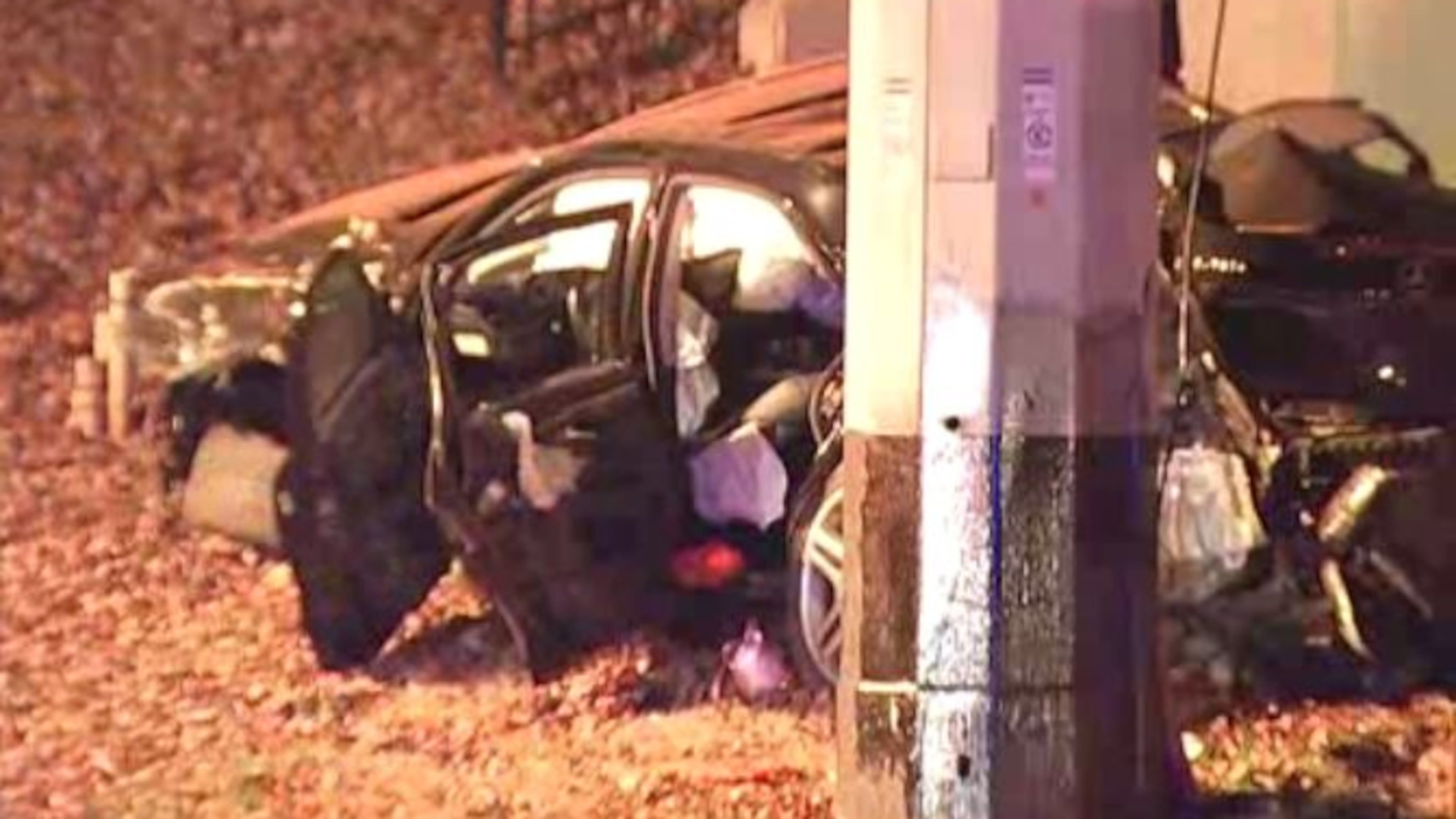 The driver of a Mercedes-Benz sedan was seriously injured when a rear-end collision sent the vehicle into a large sign and a utility pole. A passenger was also injured but is expected to survive.