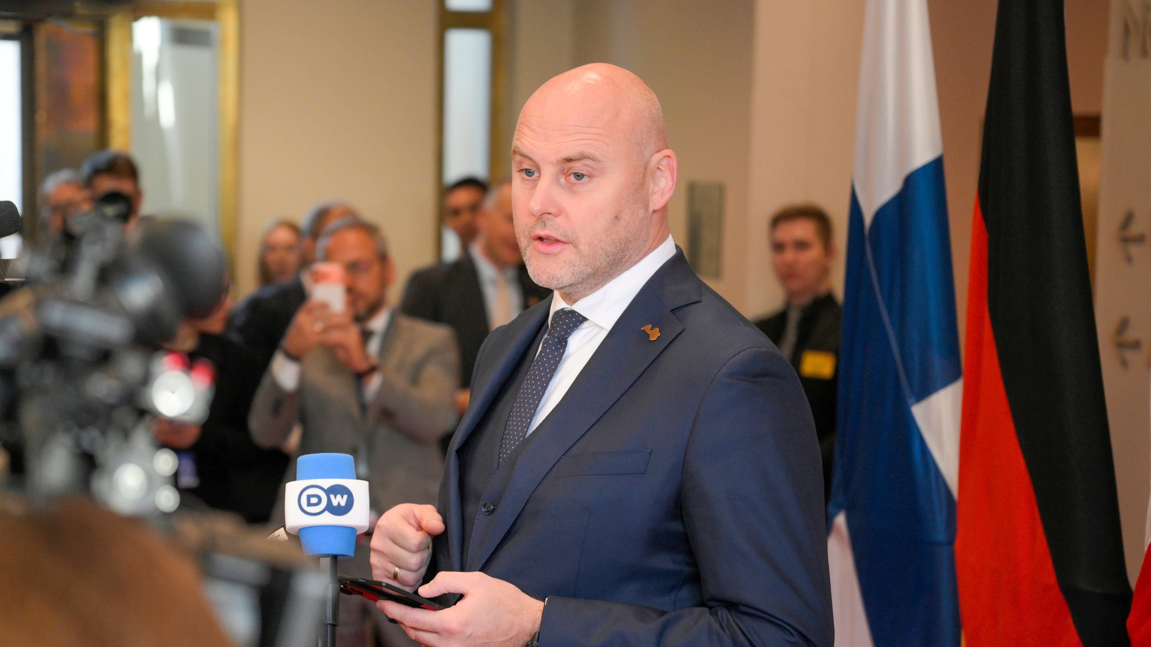 Prime Minister of Latvia Andris Kulbergs speaks to the media during the European Arctic Summit in Rovaniemi, Finland, Monday, Sept. 14, 2026. (Jouni Porsanger/Lehtikuva via AP)