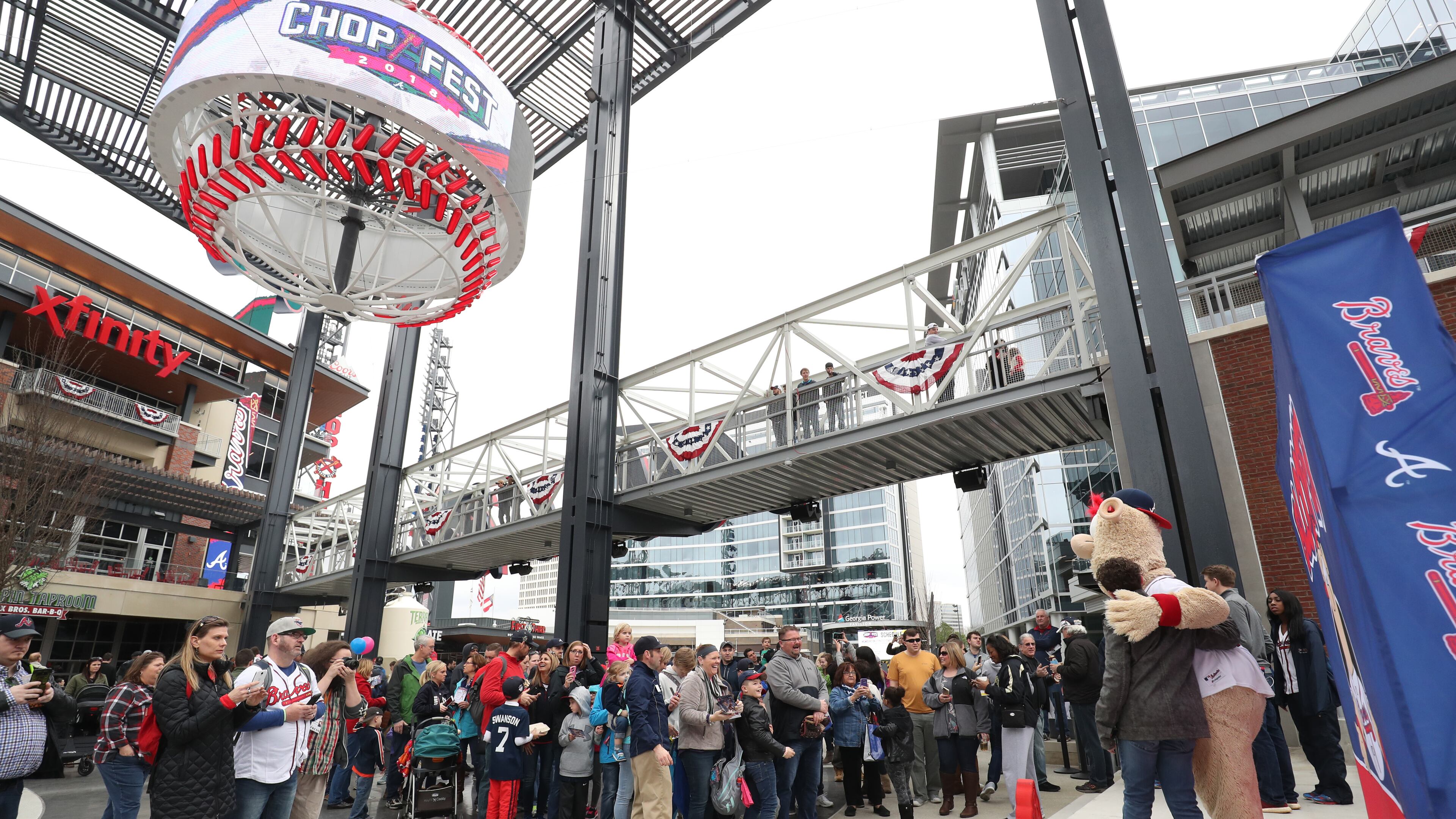 Atlanta Braves mascot Blooper takes photographs with fans during the Atlanta Braves Chop Fest at the Plaza at SunTrust Park Saturday, Jan. 27, 2018, in Atlanta.