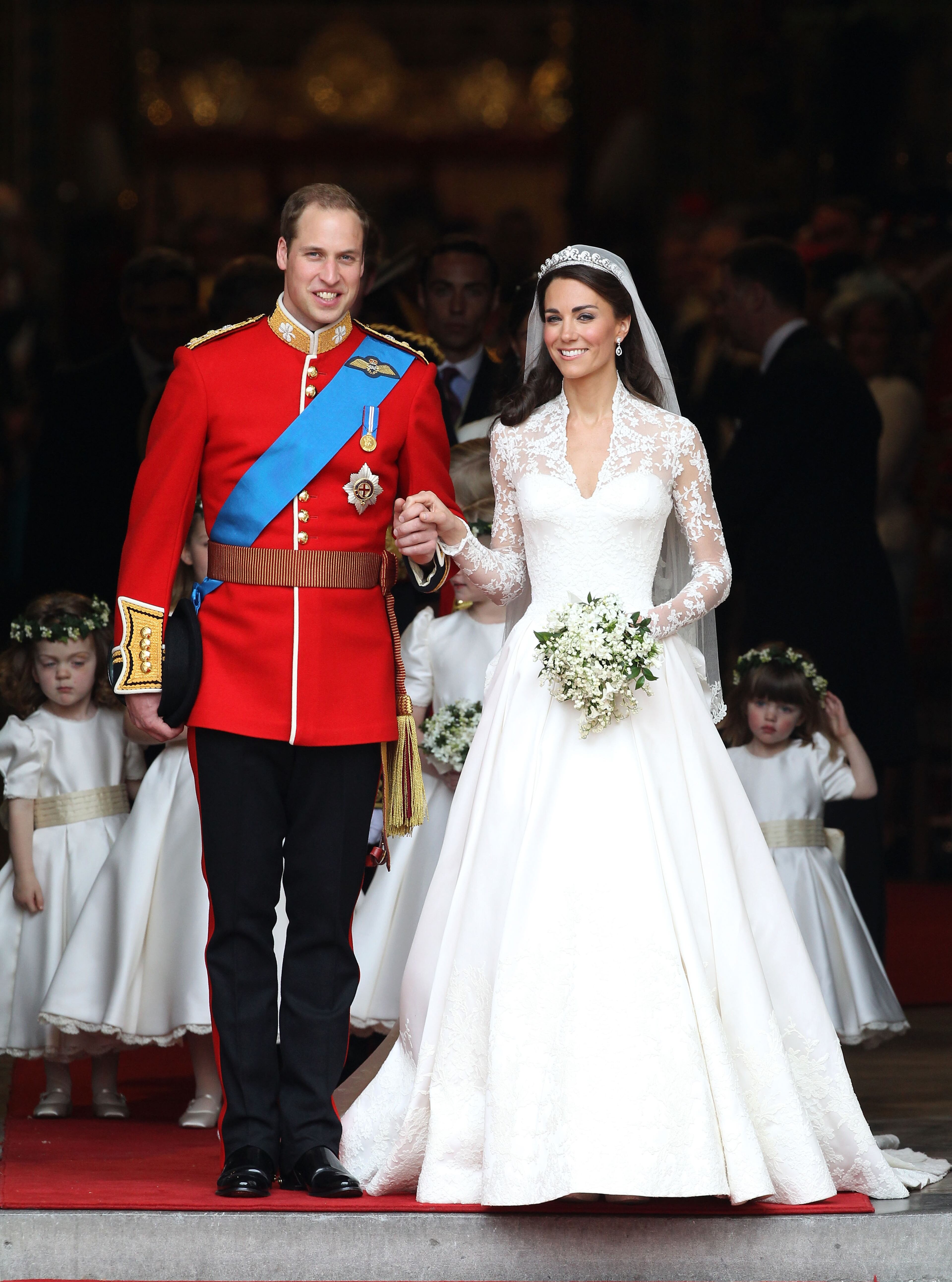 LONDON, ENGLAND - APRIL 29: TRH Prince William, Duke of Cambridge and Catherine, Duchess of Cambridge smile following their marriage at Westminster Abbey on April 29, 2011 in London, England. The marriage of the second in line to the British throne was led by the Archbishop of Canterbury and was attended by 1900 guests, including foreign Royal family members and heads of state. Thousands of well-wishers from around the world have also flocked to London to witness the spectacle and pageantry of the Royal Wedding. (Photo by Chris Jackson/Getty Images)
