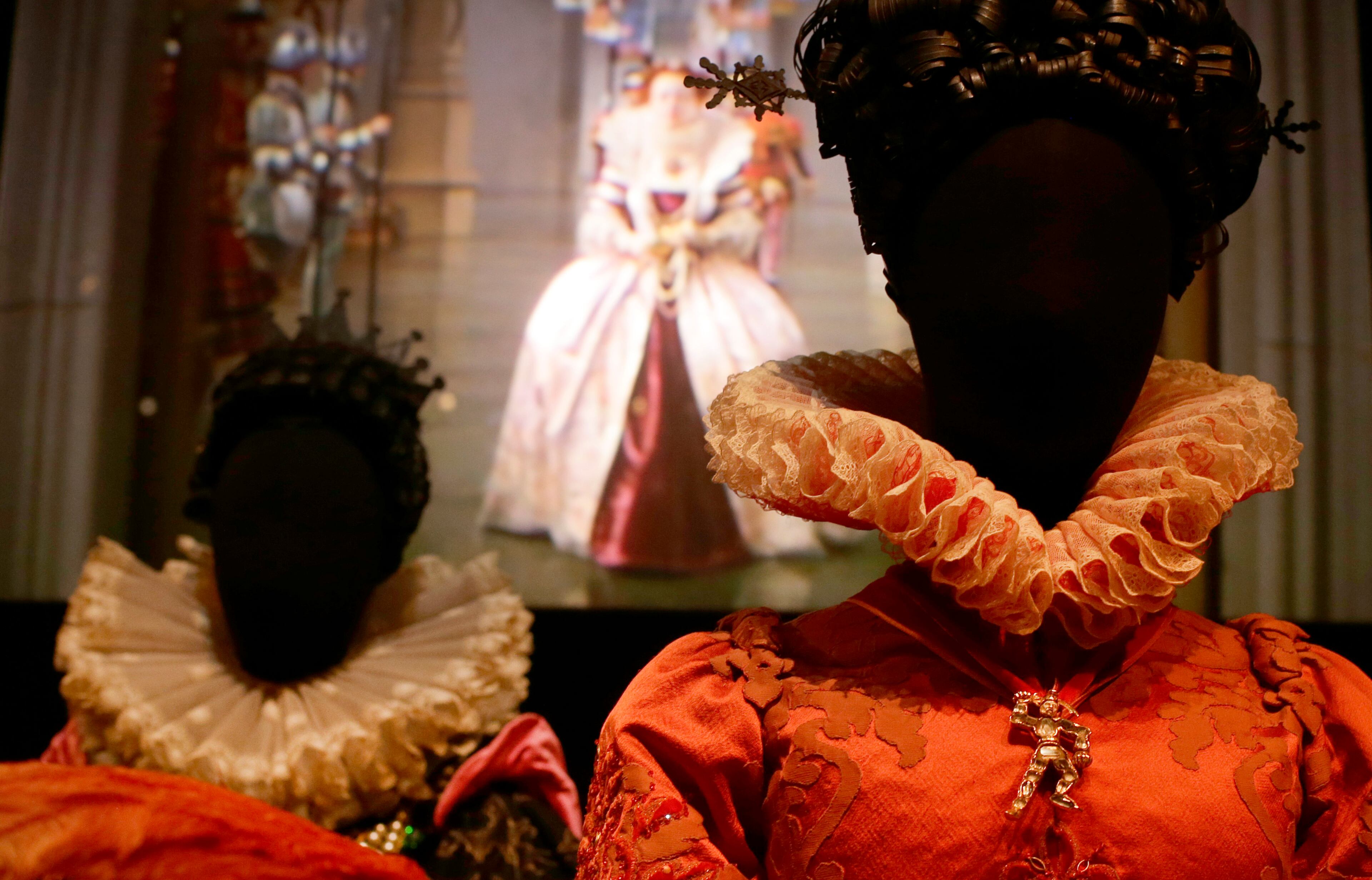 Various designs and outfits worn by actress playing royal and regal characters. The show at the Victoria and Albert Museum opens to the public on Oct. 20, 2012 and run till 27 Jan. 2013. (AP Photo/Alastair Grant)