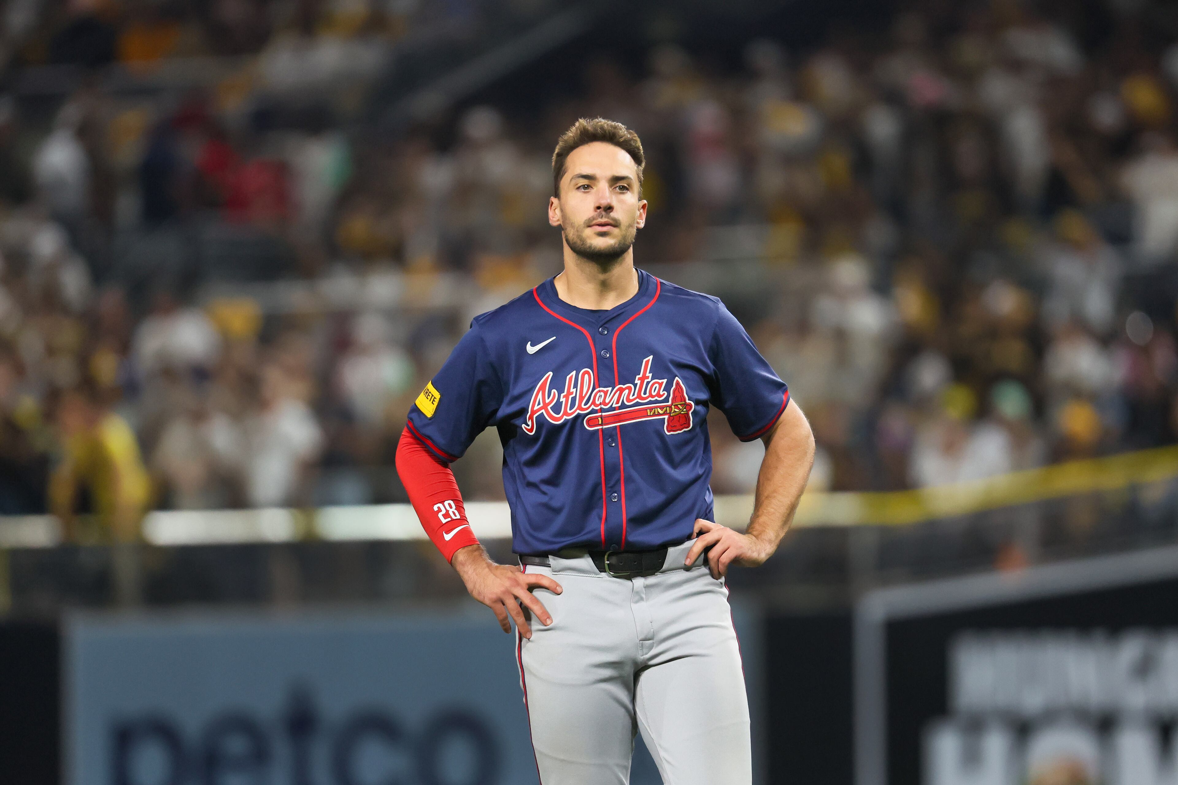 Atlanta Braves’ Matt Olson reacts after lining out to the San Diego Padres during the sixth inning of National League Division Series Wild Card Game Two at Petco Park in San Diego on Wednesday, Oct. 2, 2024. (Jason Getz / Jason.Getz@ajc.com)