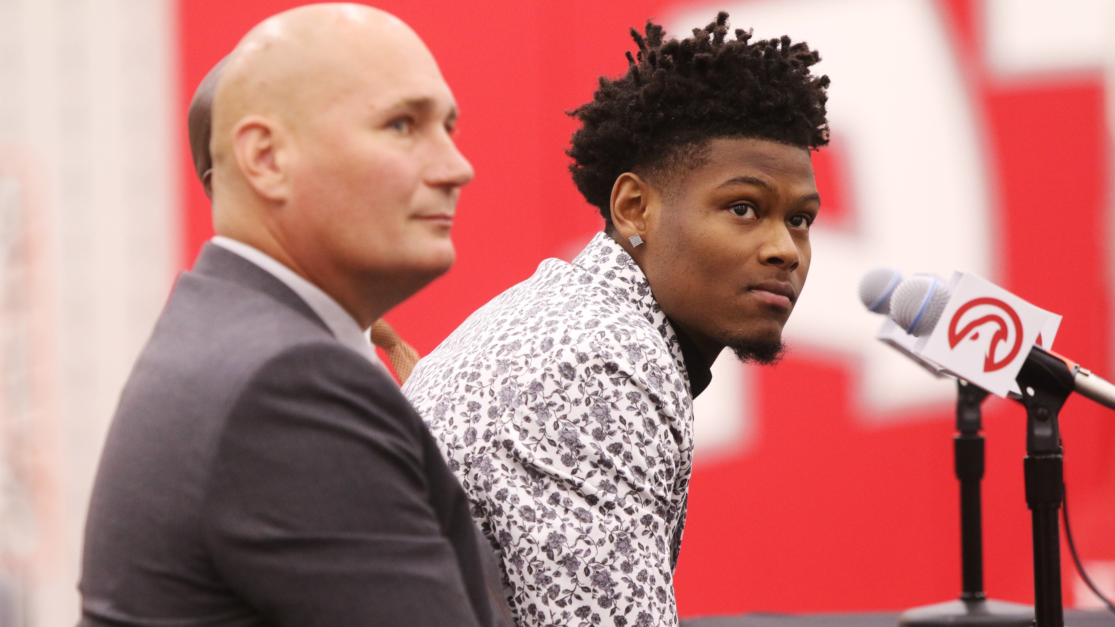 Atlanta Hawks General Manager Travis Schlenk and Hawks 2019 draft pick Cam Reddish listen to a question at Reddish's introductory press conference at the Hawks practice facility, in the Emory Sports Medicine Complex, in Brookhaven, Georgia on Monday June 24, 2019. Reddish was selected by the Atlanta Hawks in the 2019 NBA Draft on June 20, 2019, and was the 10th overall pick. Reddish previously played small forward/shooting guard for the Duke University Blue Devils. Christina Matacotta/CHRISTINA.MATACOTTA@AJC.COM