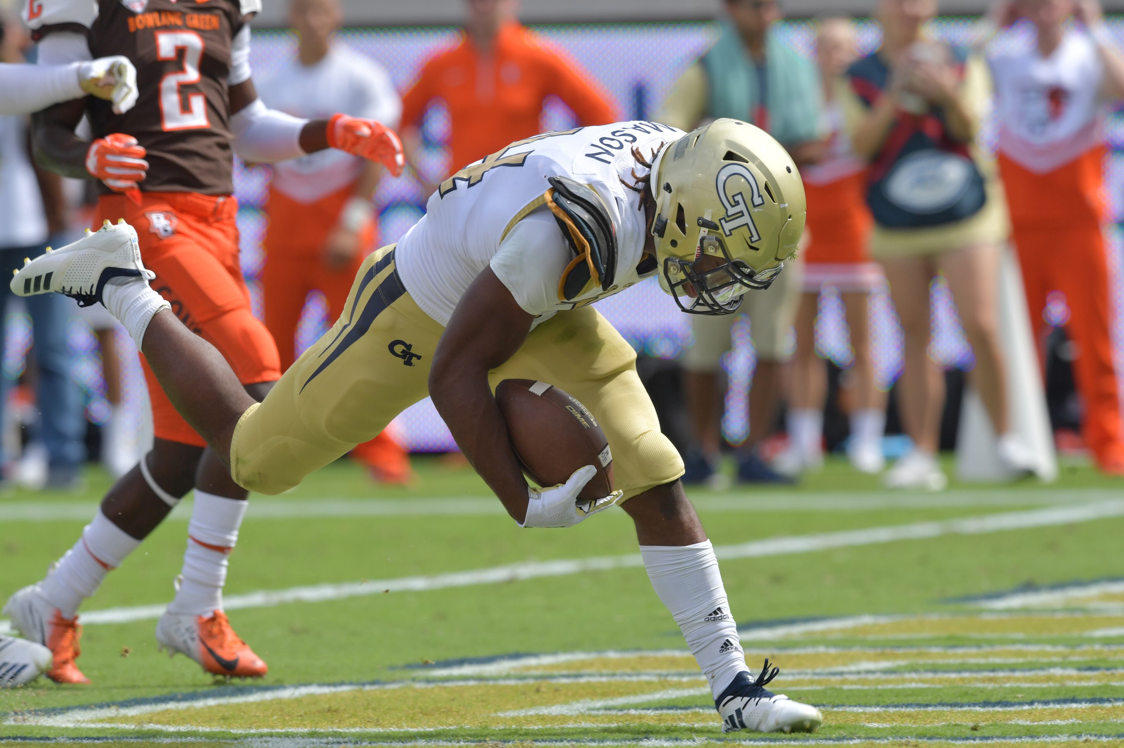 September 29, 2018 Atlanta - Georgia Tech running back Jordan Mason (24) scores a touchdown in the first half at Bobby Dodd Stadium on Saturday, September 29, 2018. Georgia Tech won 63-17 over the Bowling Green. HYOSUB SHIN / HSHIN@AJC.COM
