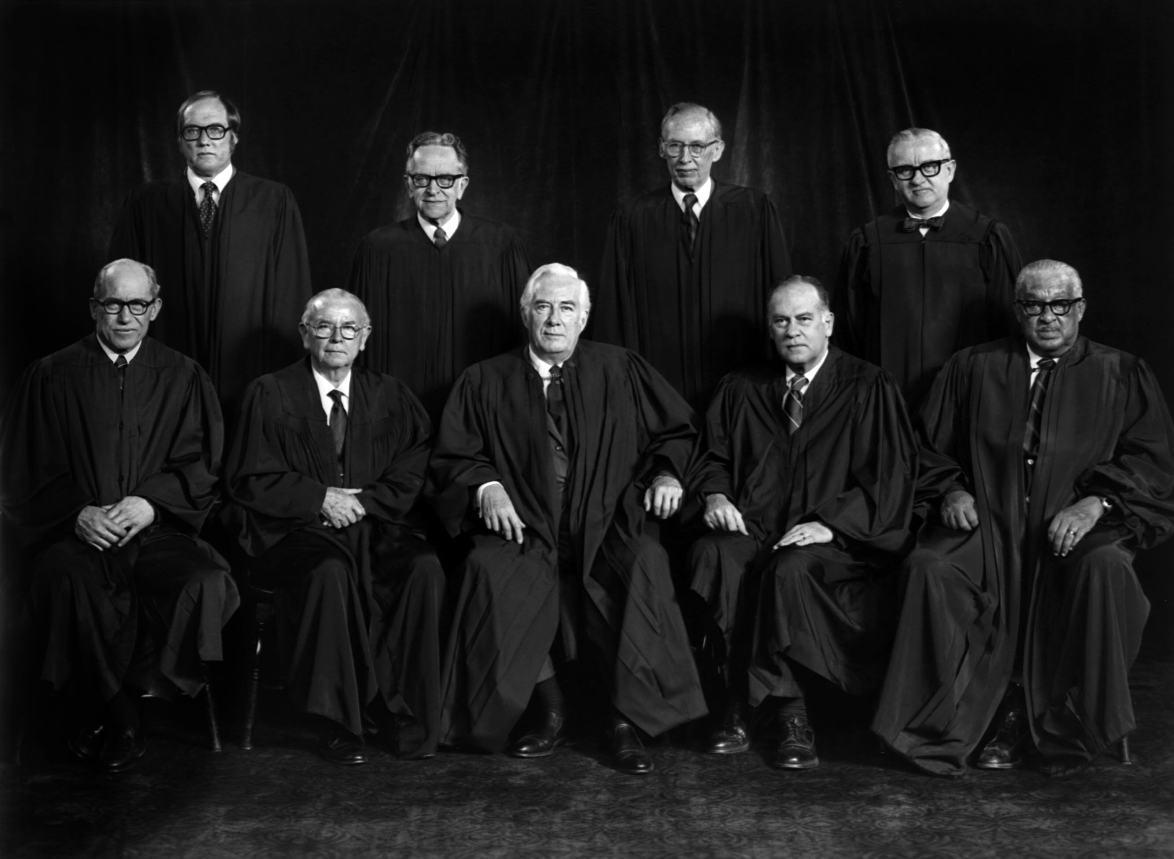 The members of the 1976 United States Supreme Court, led by Chief Justice Warren Burger. (Photo by © CORBIS/Corbis via Getty Images)