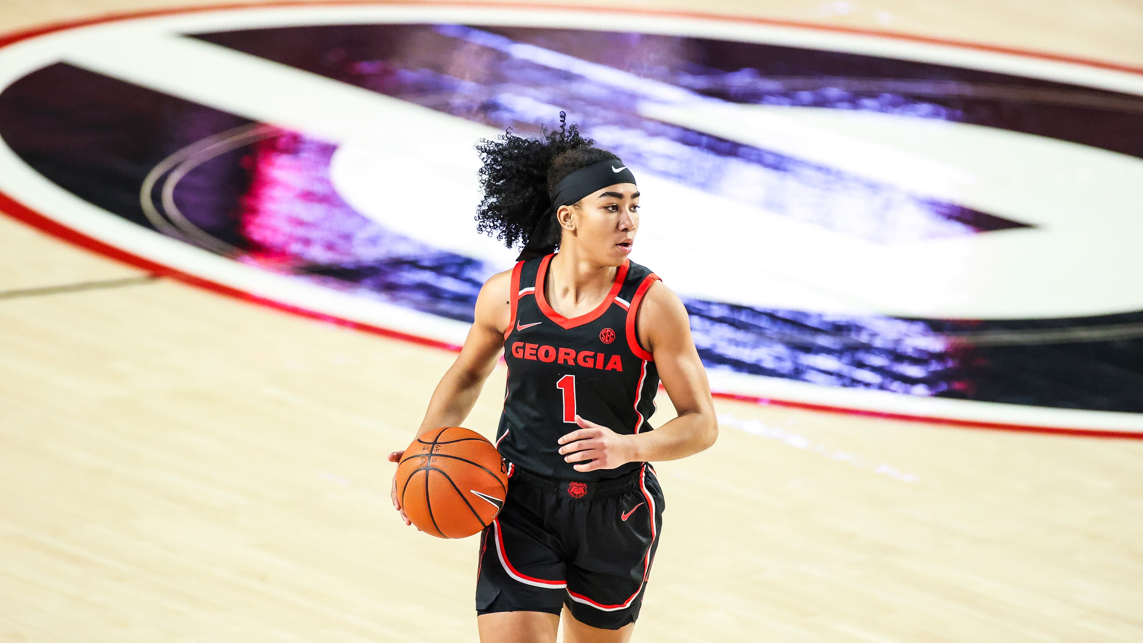Georgia guard Chloe Chapman (1) during a game against Arkansas at Stegeman Coliseum in Athens, Ga., on Monday, Jan. 25, 2021. (Photo by Tony Walsh)