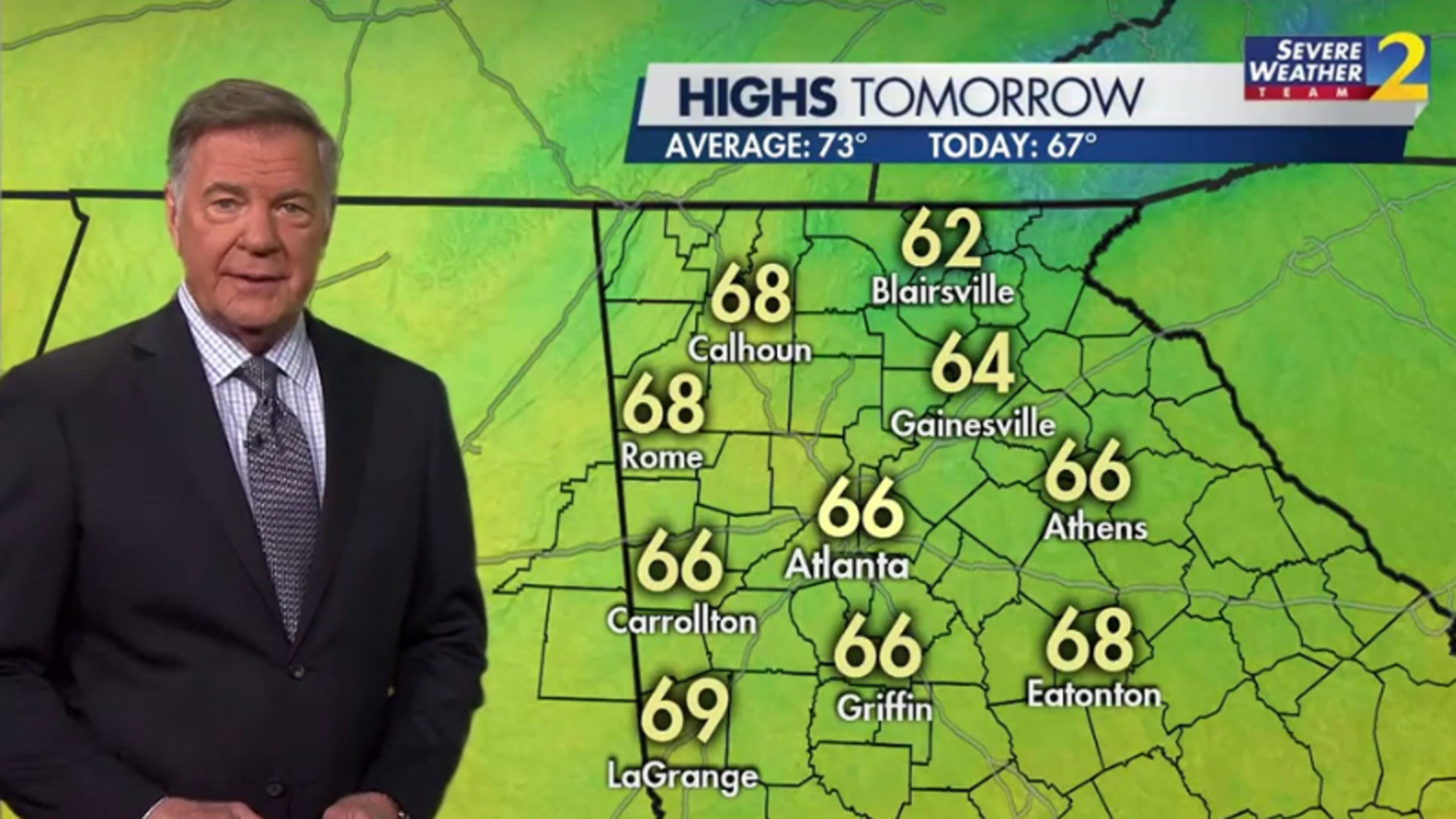 Channel 2 Action News chief meteorologist Glenn Burns says temperatures will drop to 44 degrees around metro Atlanta.