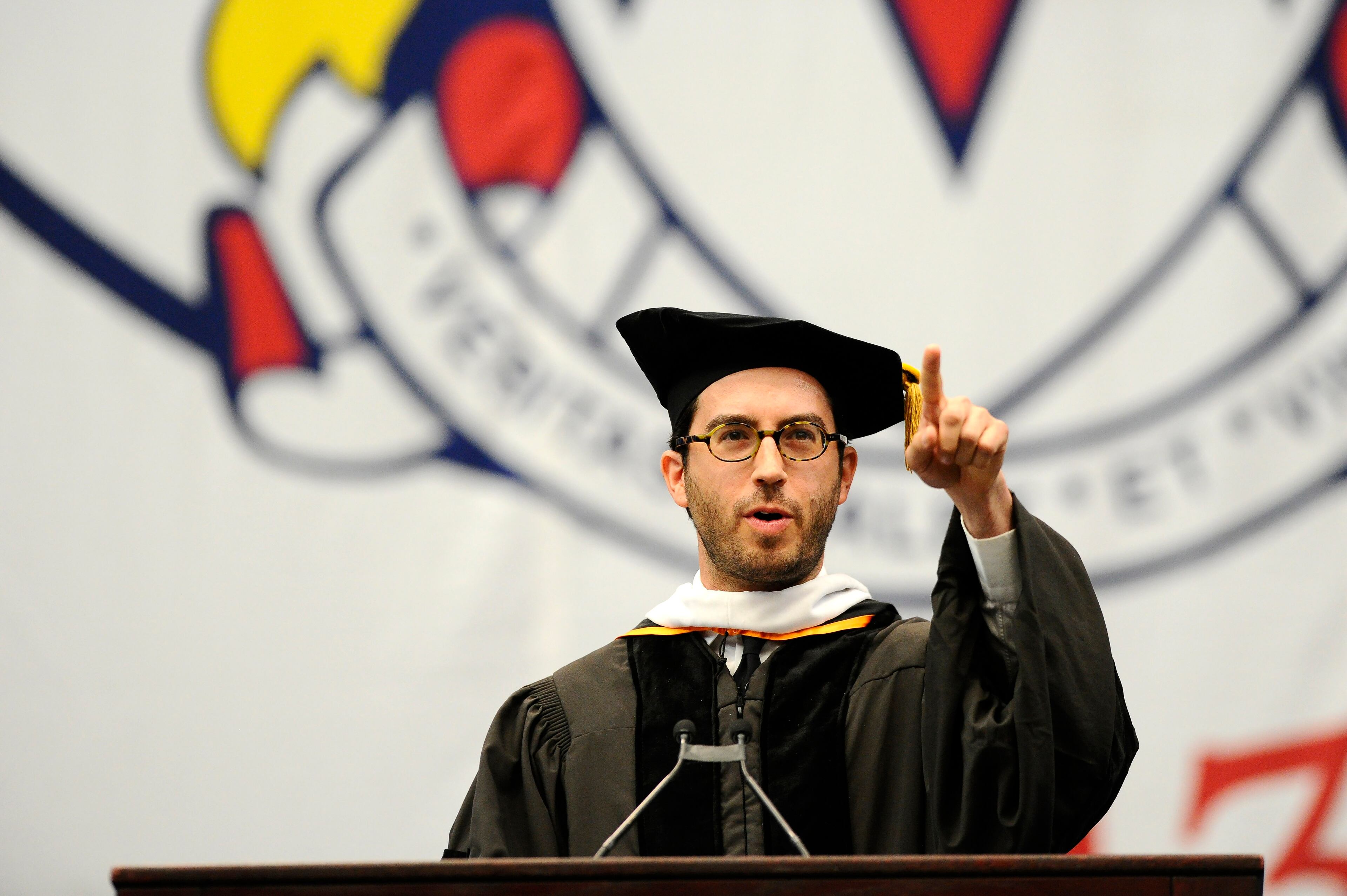 Bestselling author Jonathan Safran Foer, who wrote "Extremely Loud and Incredibly Close" and "Everything Is Illuminated," delivers the keynote commencement address to more than 5,700 Georgia State University students, their friends and family during graduation exercises at the Georgia Dome on Saturday, May 9, 2015, in Atlanta. David Tulis / AJC Special