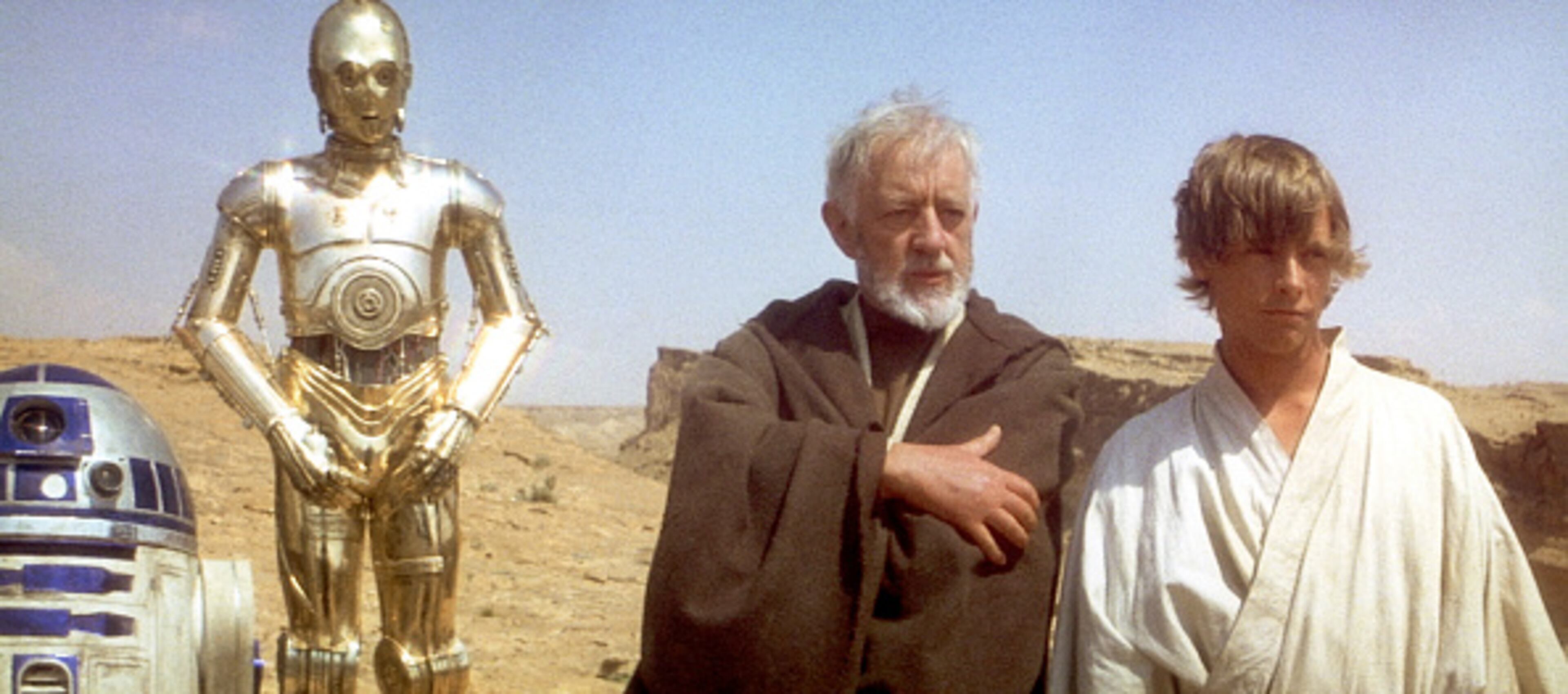 British actors Anthony Daniels, Alec Guinness and American Mark Hamill on the set of Star Wars: Episode IV - A New Hope written, directed and produced by Georges Lucas. (Photo by Sunset Boulevard/Corbis via Getty Images)