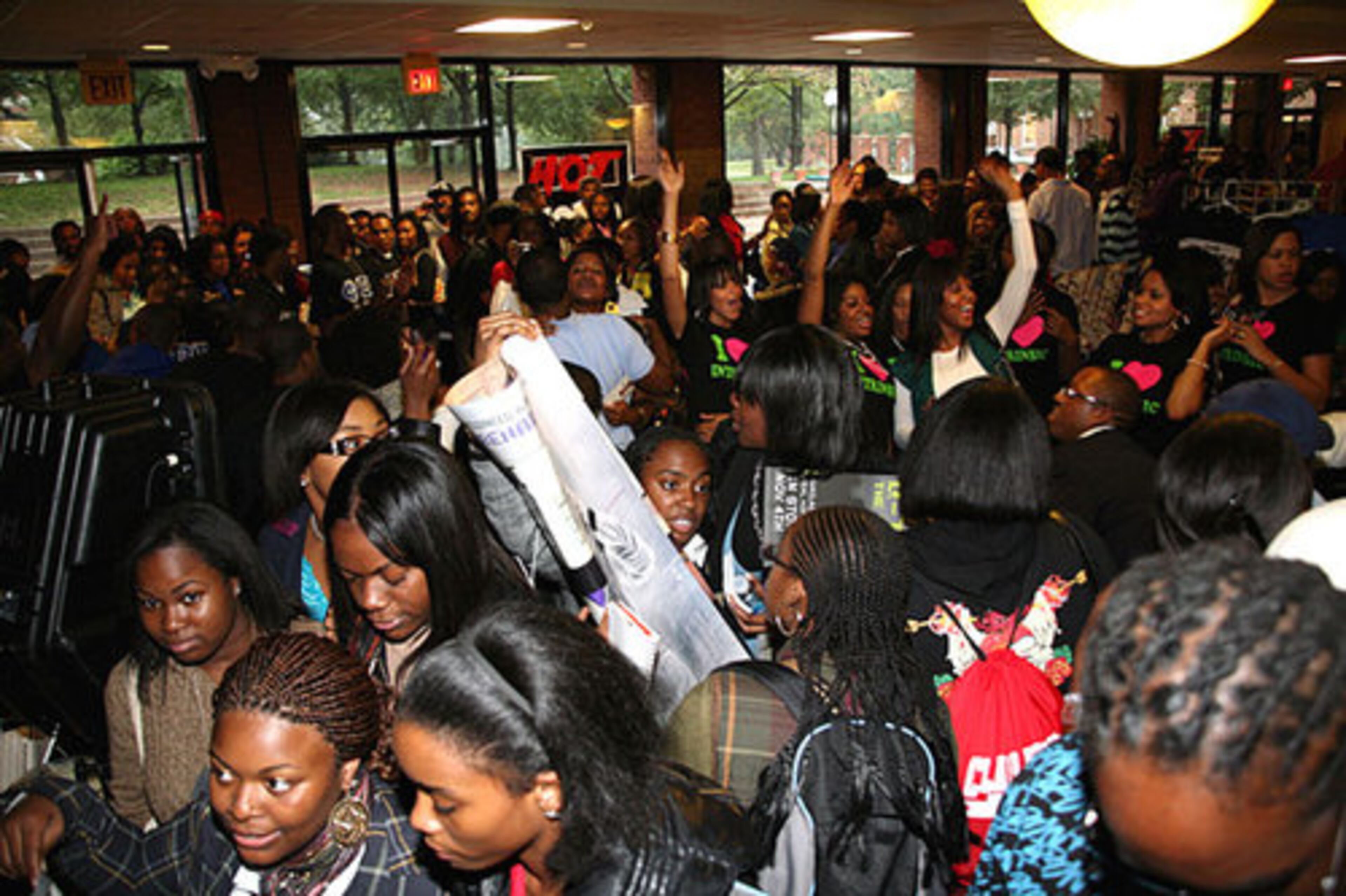 The large crowd in Manley Student Center converge on Q-Tip's meet-and-greet.