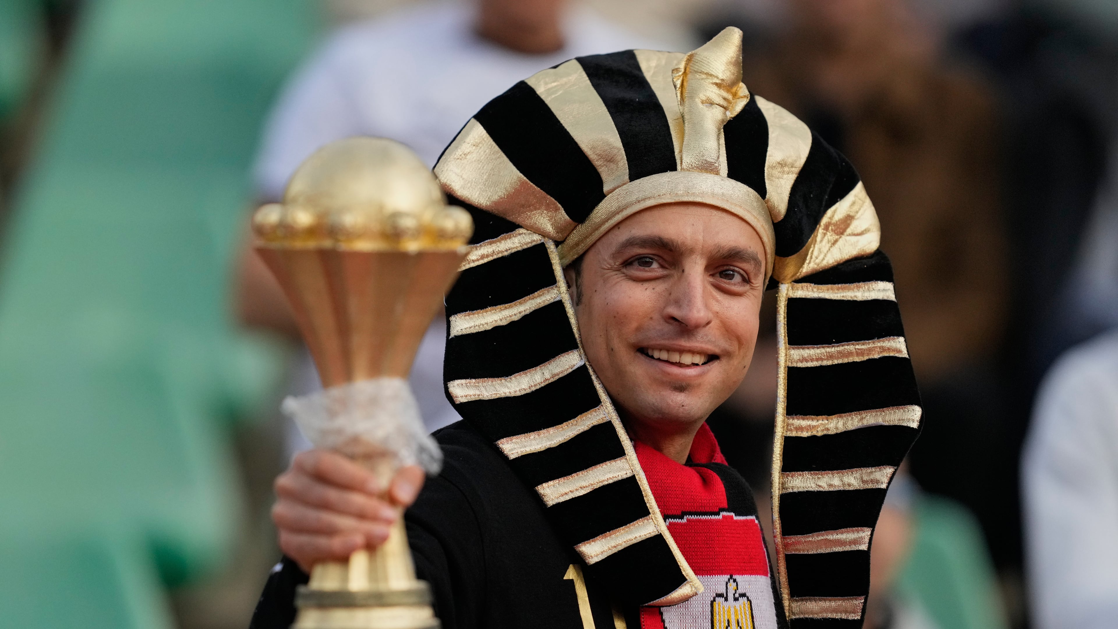 An Egypt supporter at the Africa Cup of Nations group B soccer match between Angola and Egypt in Agadir, Morocco, Monday, Dec. 29, 2025. (AP Photo/Mosa'ab Elshamy)