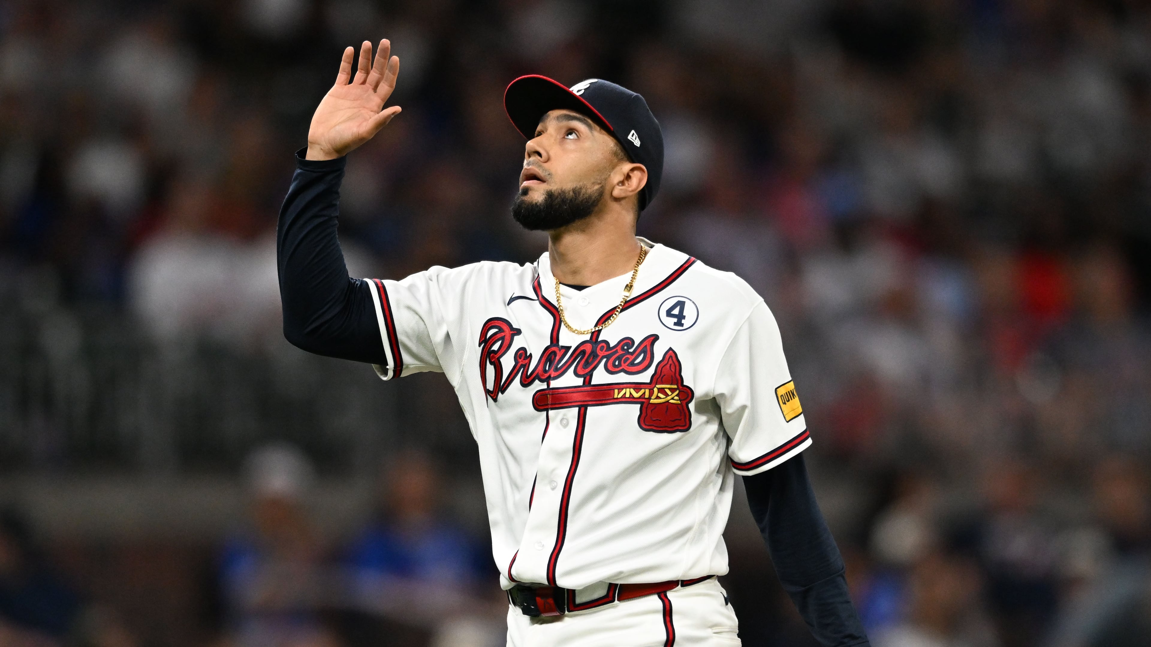 Atlanta Braves pitcher Robert Suarez reacts after striking out Toronto Blue Jays designated hitter George Springer to end the seventh inning of a baseball game at Truist Park, Tuesday, June 2, 2026, in Atlanta. Atlanta Braves won 4-3 over Toronto Blue Jays. (Hyosub Shin/AJC)