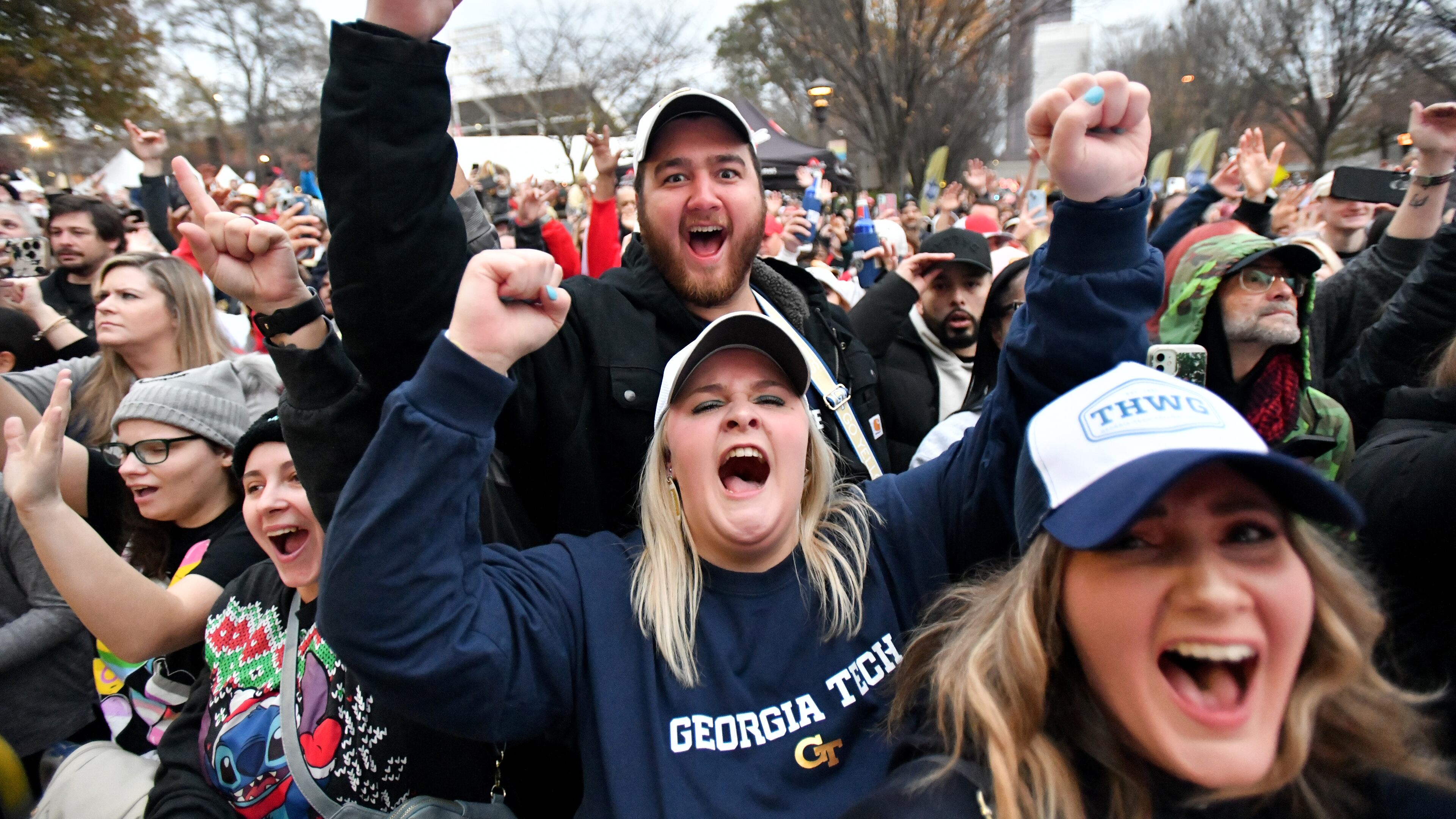 Georgia Tech fans cheer during a Block Party before a 2023 game. (Hyosub Shin / Hyosub.Shin@ajc.com)