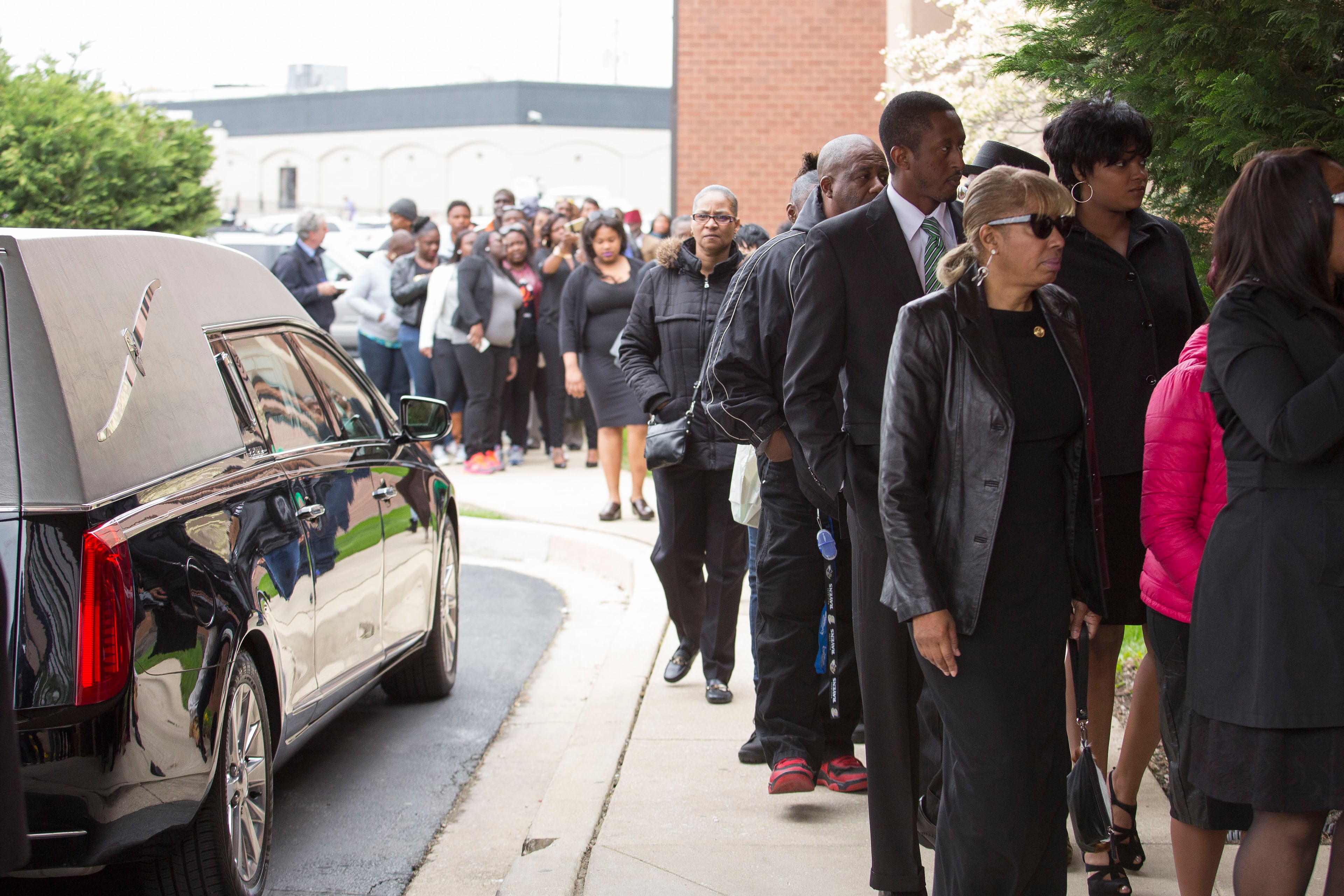 BALTIMORE, MD - APRIL 27: Mourners arrive at New Shiloh Baptist Church for the funeral service for Freddie Gray, April 27, 2015 in Baltimore, Maryland. Gray, 25, was arrested for possessing a switch blade knife April 12 outside the Gilmor Homes housing project on Baltimore's west side. According to his attorney, Gray died a week later in the hospital from a severe spinal cord injury he received while in police custody. (Drew Angerer/Getty Images)