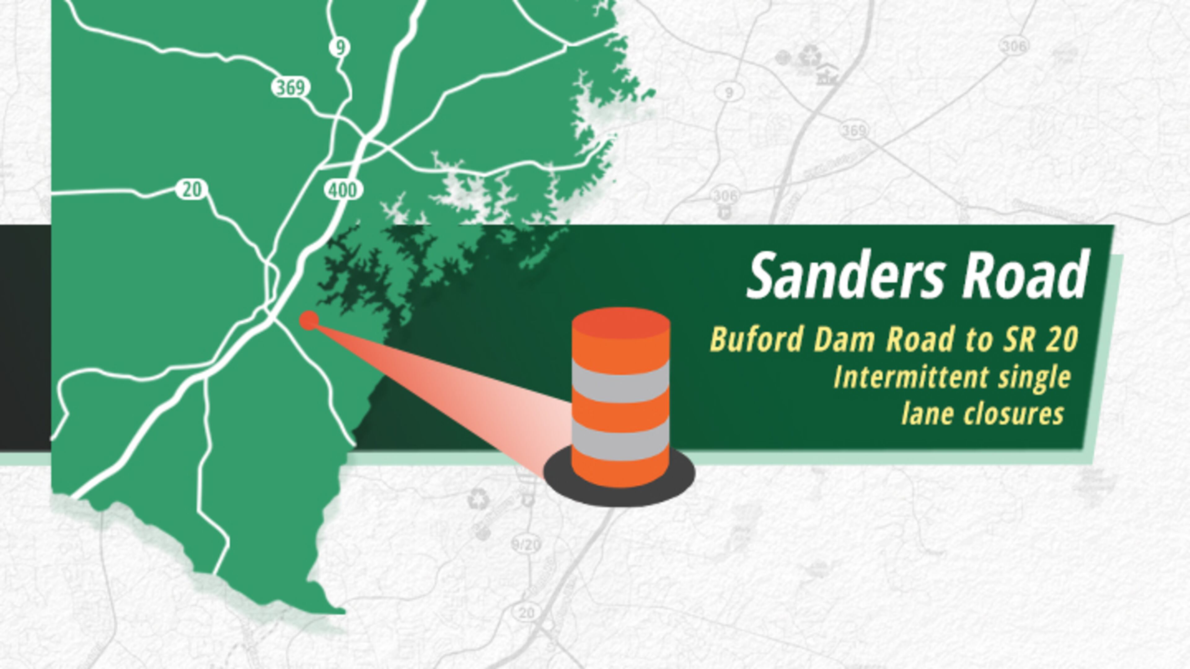 Sanders Road in eastern Forsyth County will see intermittent single lane closures for sidewalk construction between Buford Dam Road and Buford Highway (Ga. 20) through Sept. 30.