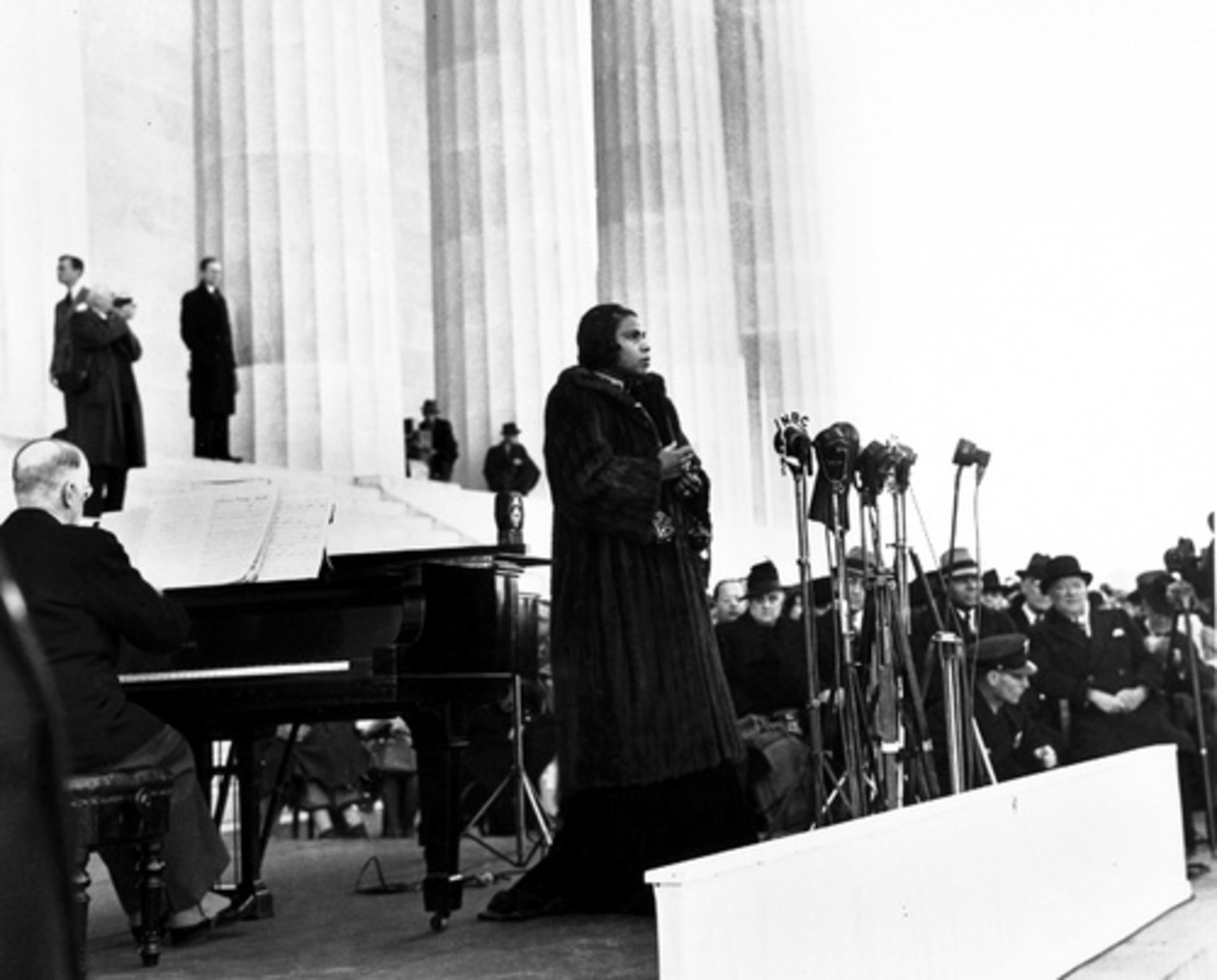 Contralto singer Marian Anderson performs on the steps of Washington's Lincoln Memorial on Easter Sunday, in this April 9, 1939 file photo, after she had been refused permission to perform in Washington's Constitution Hall by the hall's owners, the Daughters of the American Revolution.