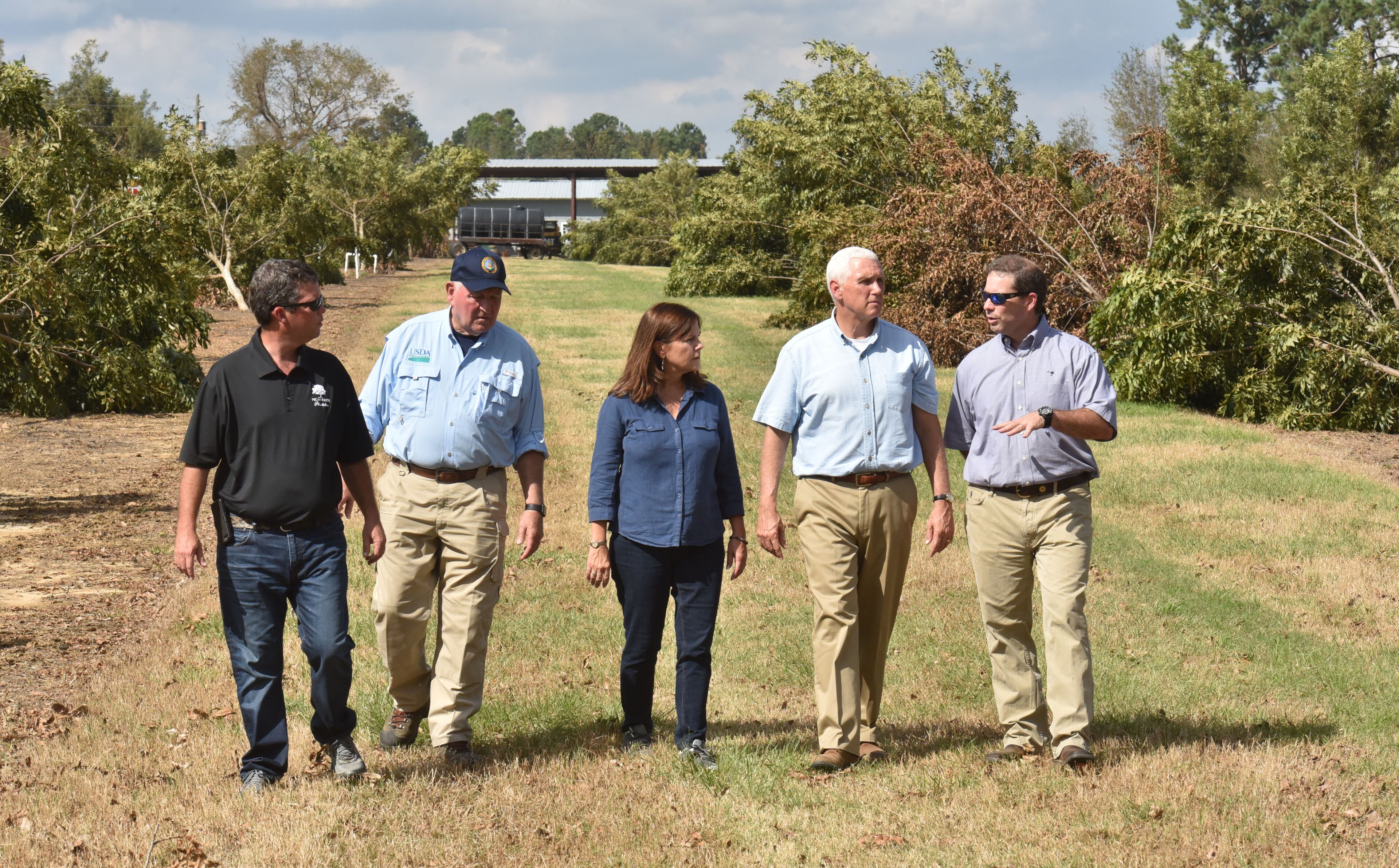 October 16, 2018 Bainbridge - Vice President Mike Pence, the Second Lady of the United States Karen Pence and Secretary of Agriculture Sonny Perdue (left) talk with owners of Pecan Ridge Plantation Rob and Eric Cohen at the plantation in Bainbridge on Tuesday, October 16, 2018. Vice President Mike Pence touched down in this Southwest Georgia city Tuesday and addressed the Sunbelt Agricultural Exposition in Moultrie as he surveyed storm damage from Hurricane Michael. Penceâs visit comes a day after President Donald Trump and First Lady Melania Trump traveled through the central part of the Peach State and met with farmers. HYOSUB SHIN / HSHIN@AJC.COM