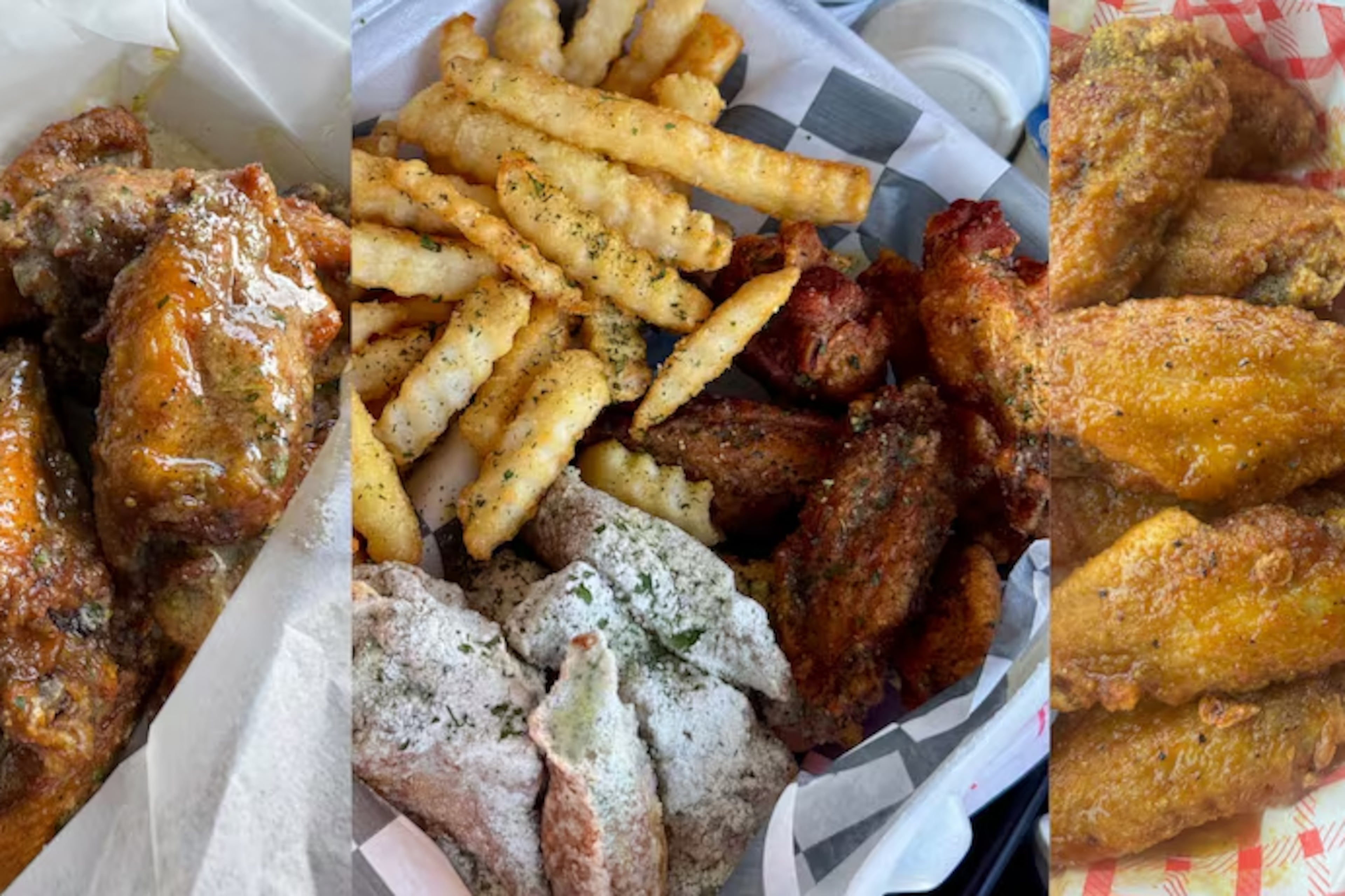 Hot wings from Wings on Wheat (left), Trap Wingz (center) and Buffalo Bar (right), all recommended by Justin Brown, aka the Real Food Stalker. (Justin Brown for the AJC)