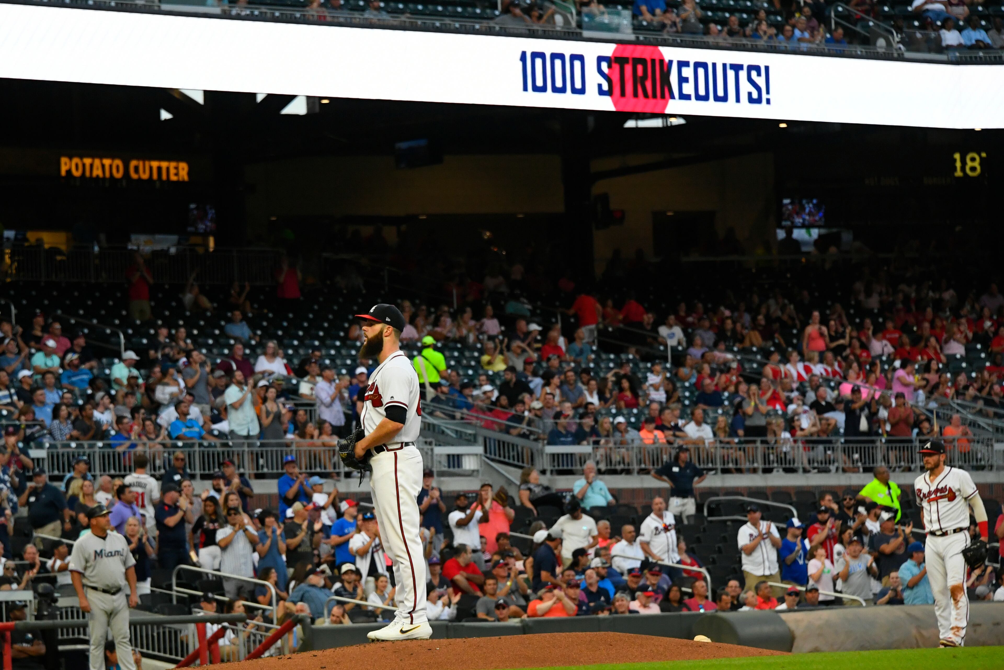 Braves pitcher Dallas Keuchel stands on the mound after getting his 1,000th career strikeout. (AP Photo/John Amis)
