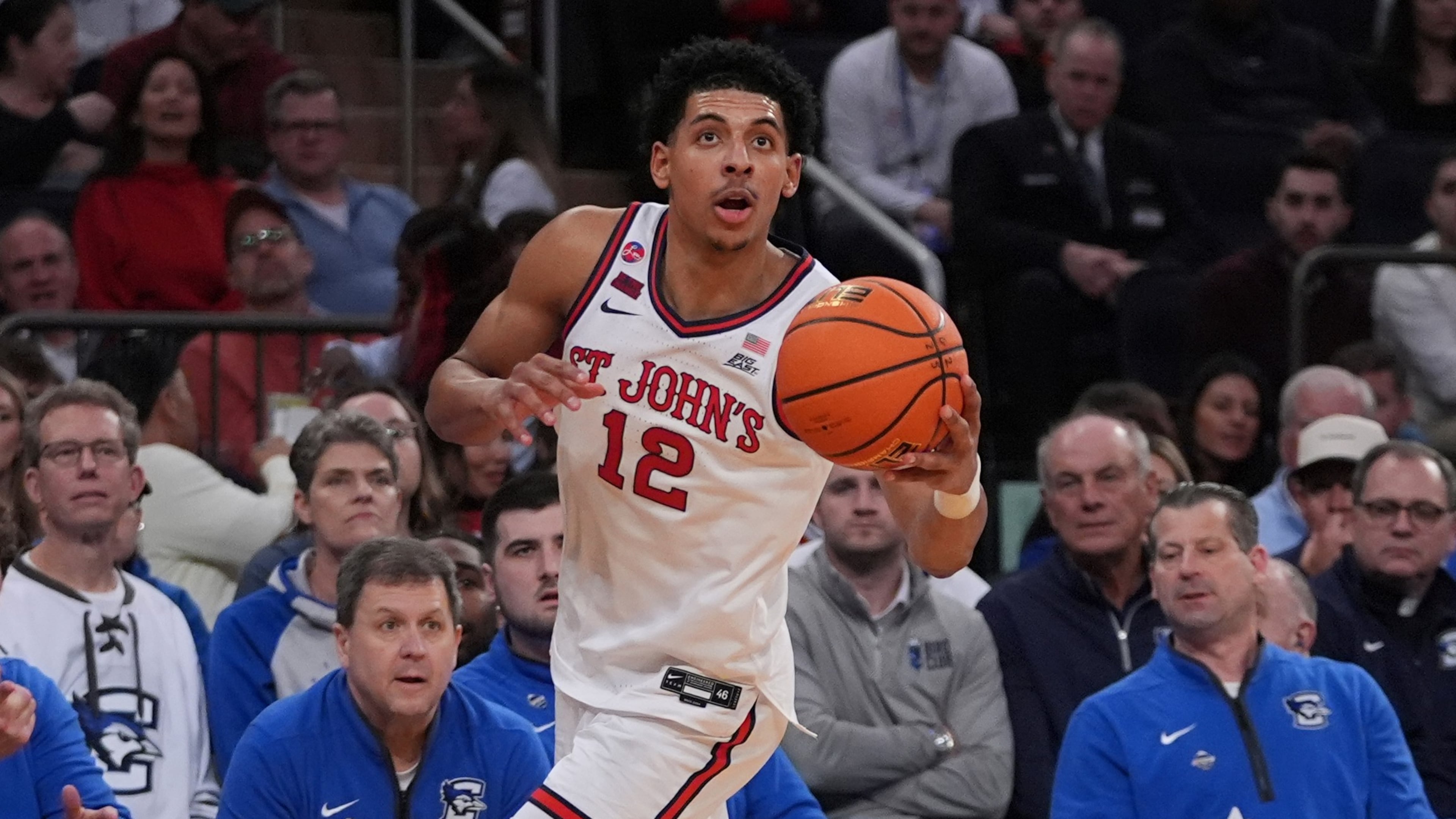 FILE - St. John's RJ Luis Jr. looks toward the basket during the first half of an NCAA college basketball game against Creighton in the championship of the Big East Conference tournament, March 15, 2025, in New York. (AP Photo/Frank Franklin II, File)