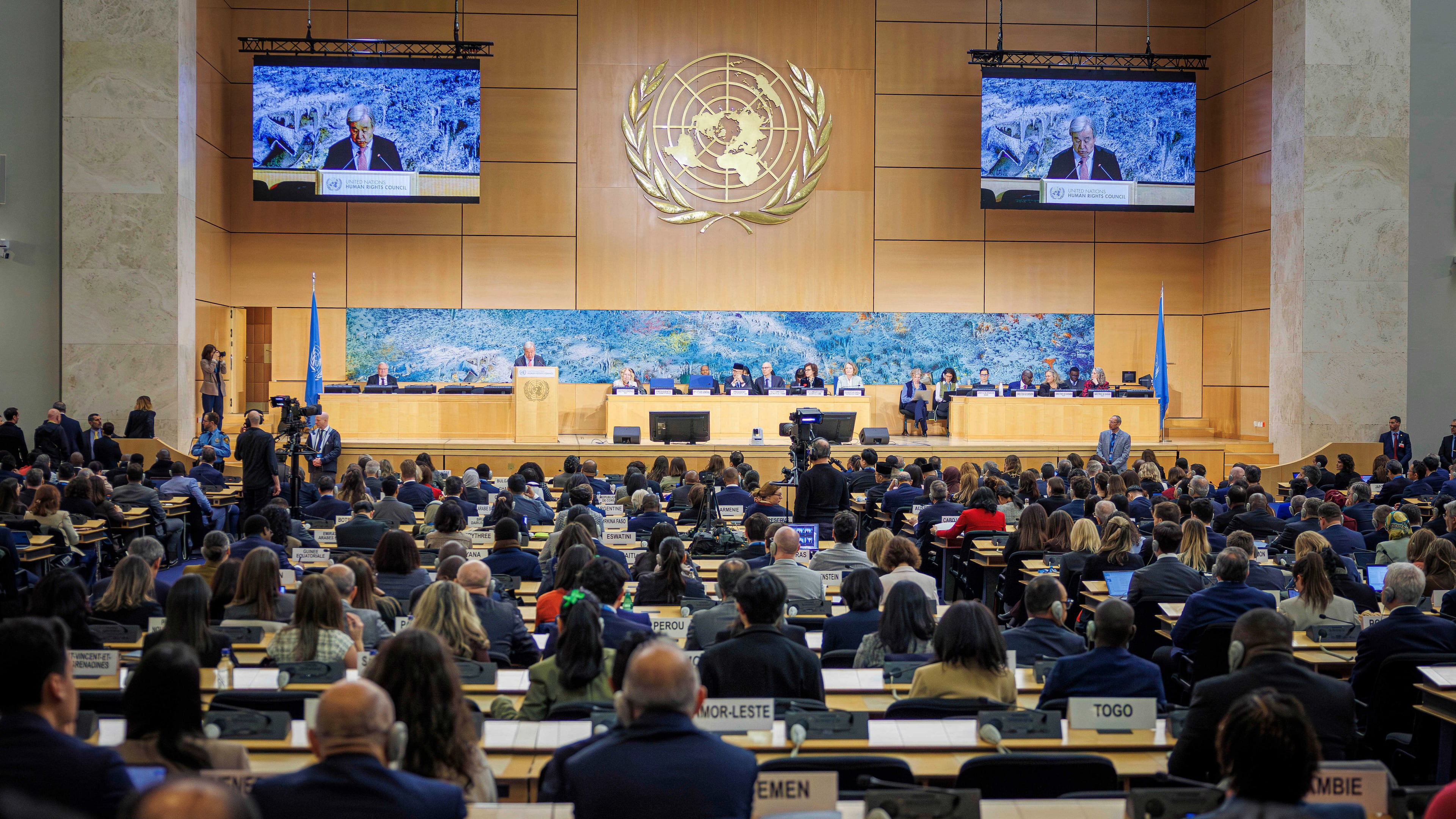 FILE - U.N. Secretary-General Antonio Guterres speaks during the opening of the 61st session of the United Nations Human Rights Council at the European headquarters of the United Nations in Geneva, Feb. 23, 2026. (Valentin Flauraud/Keystone via AP, File)