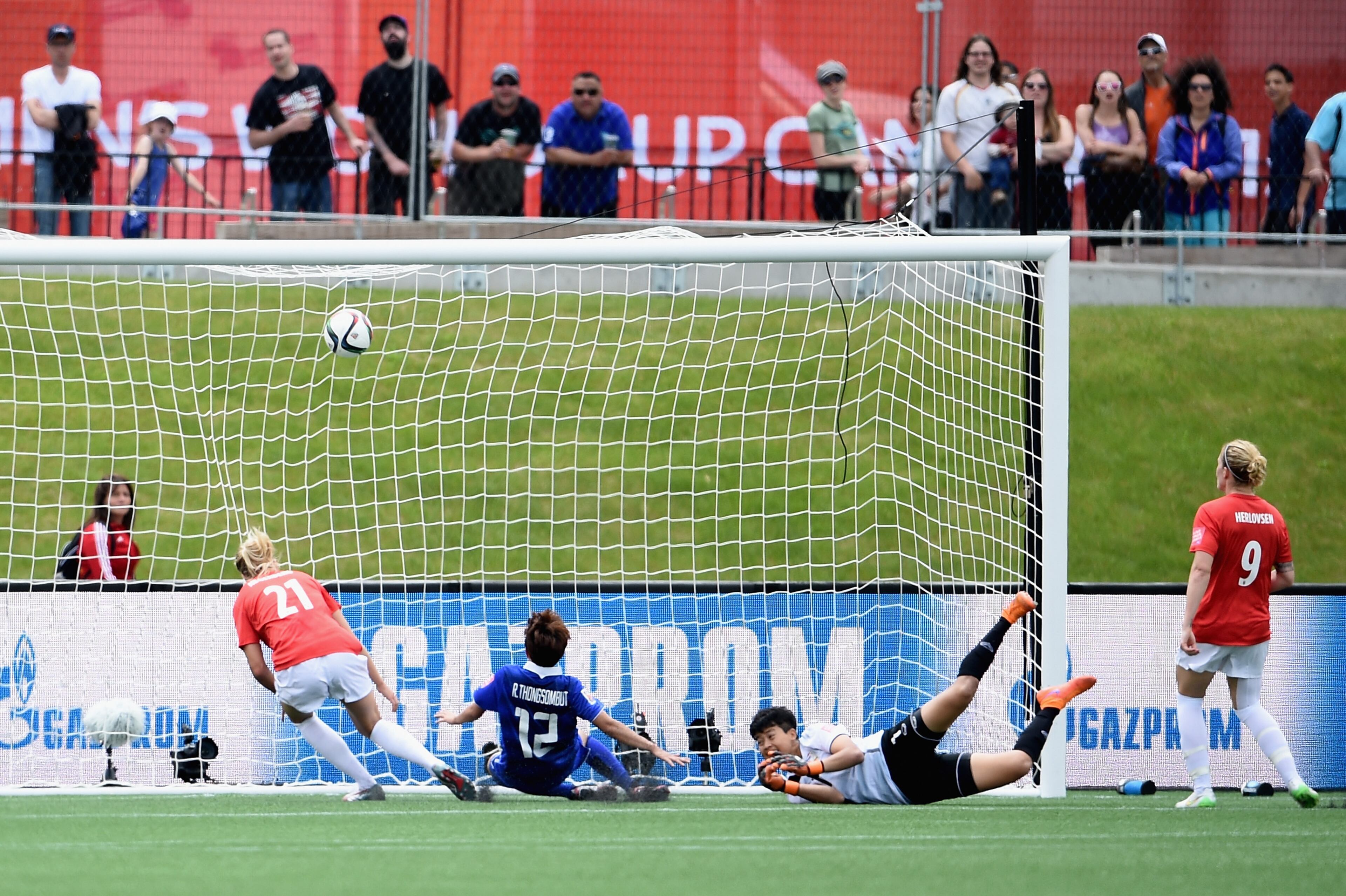OTTAWA, ON - JUNE 07: Ada Hegerberg of Norway scores their fourth goal during the FIFA Women's World Cup Canada 2015 Group B match between Norway and Thailand at Lansdowne Stadium on June 7, 2015 in Ottawa, Canada. (Photo by Dennis Grombkowski/Getty Images)