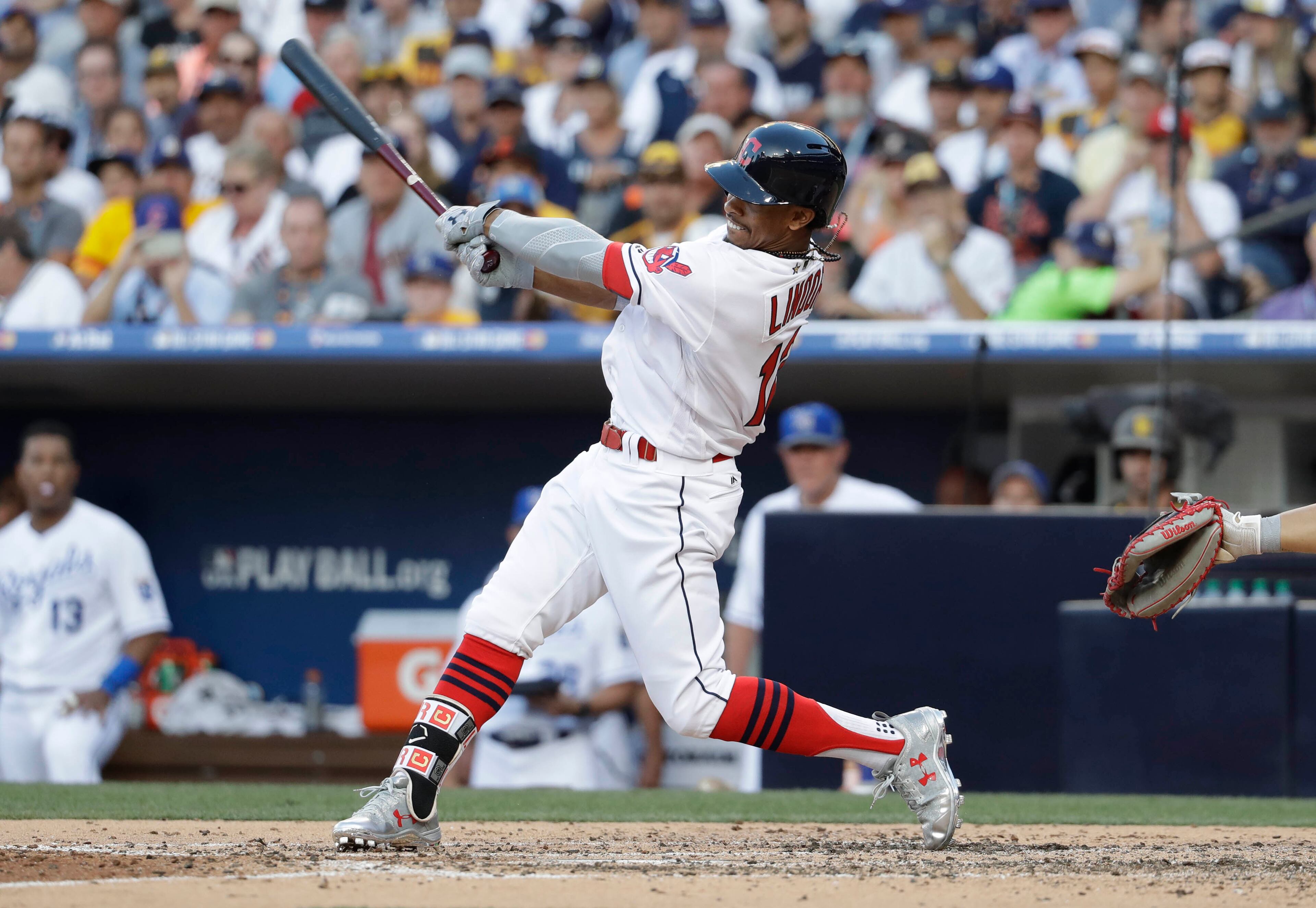 American League's Francisco Lindor, of the Cleveland Indians, hits during the MLB baseball All-Star Game, Tuesday, July 12, 2016, in San Diego. (AP Photo/Gregory Bull)