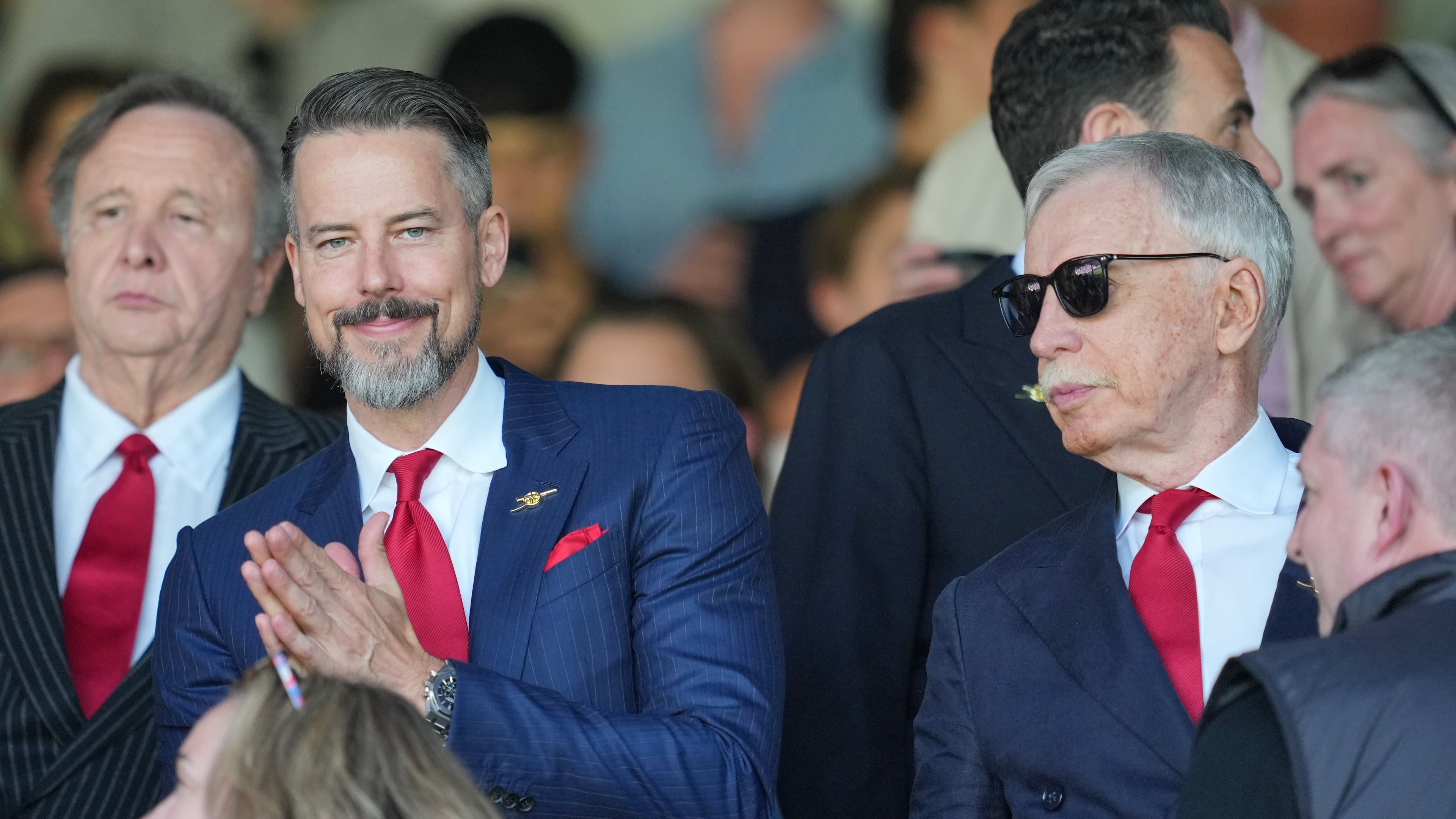 Arsenal owner Stan Kroenke, right, and his son Josh pictured in the stands ahead of the English Premier League soccer match between Crystal Palace and Arsenal in London, England, Sunday, May 24, 2026. (AP Photo/Kin Cheung)